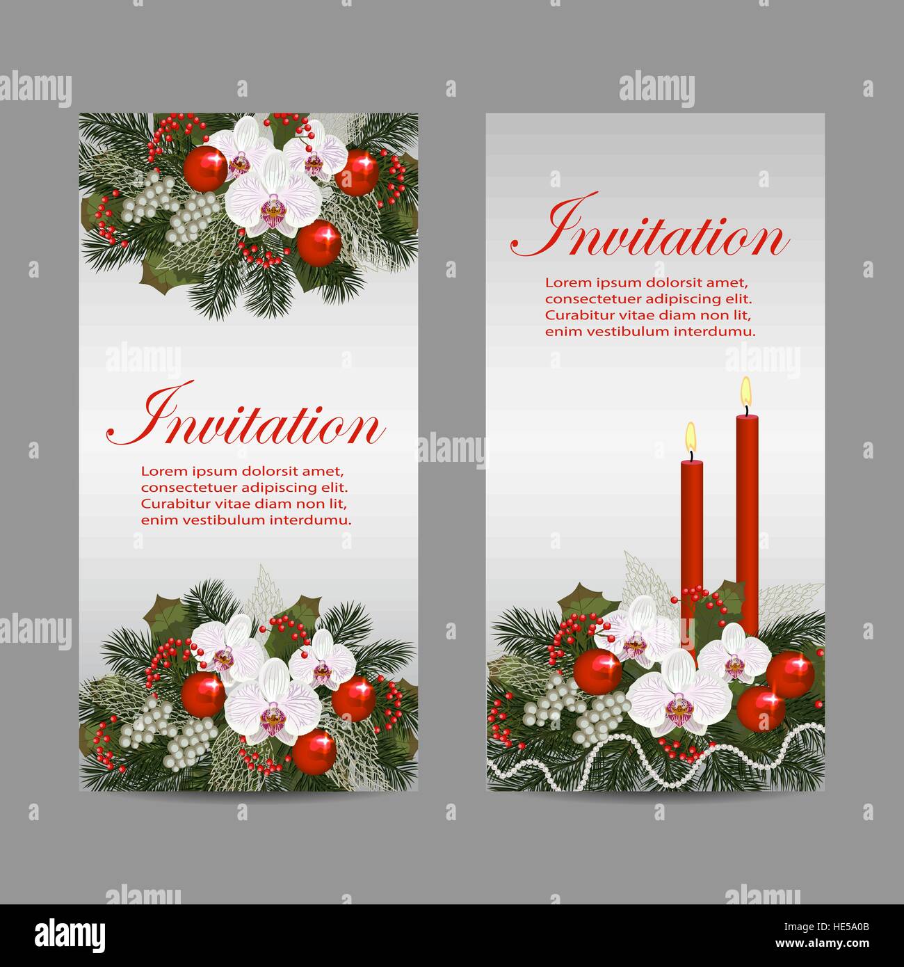 Satz von zwei Banner mit Weihnachten Dekorationen, Blumen und brennenden Kerzen. Stock Vektor