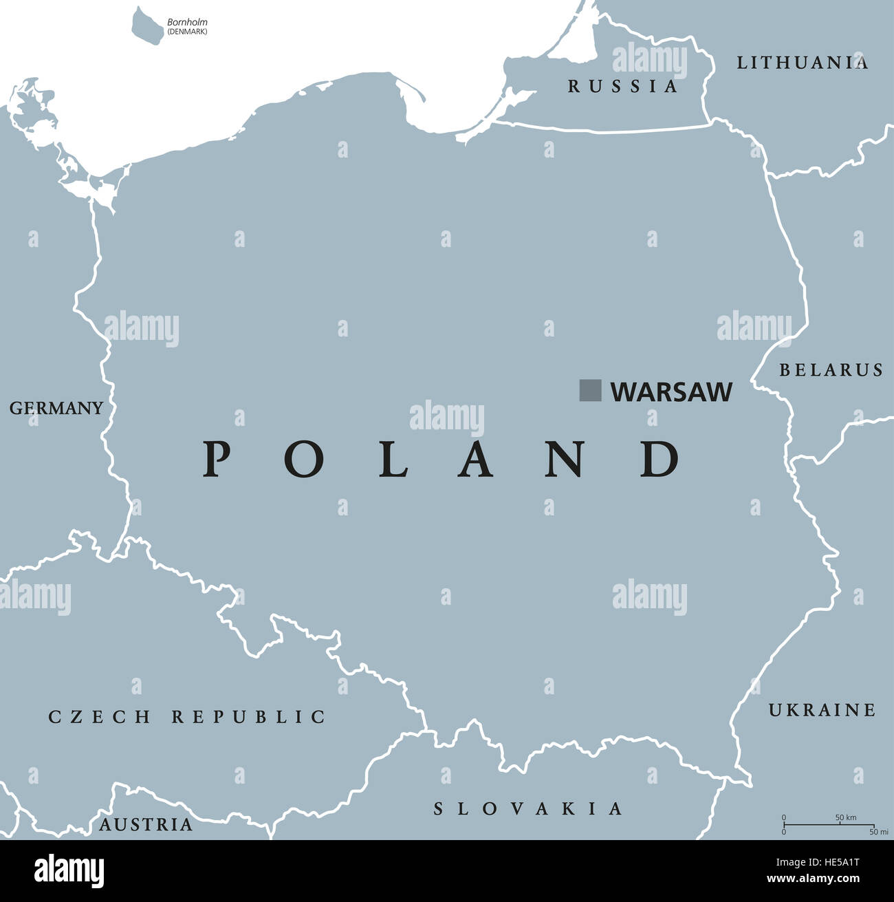 Politische Karte Polens Hauptstadt Warschau und Nachbarländern. Republik und Land in Mitteleuropa. Graue Abbildung. Stockfoto
