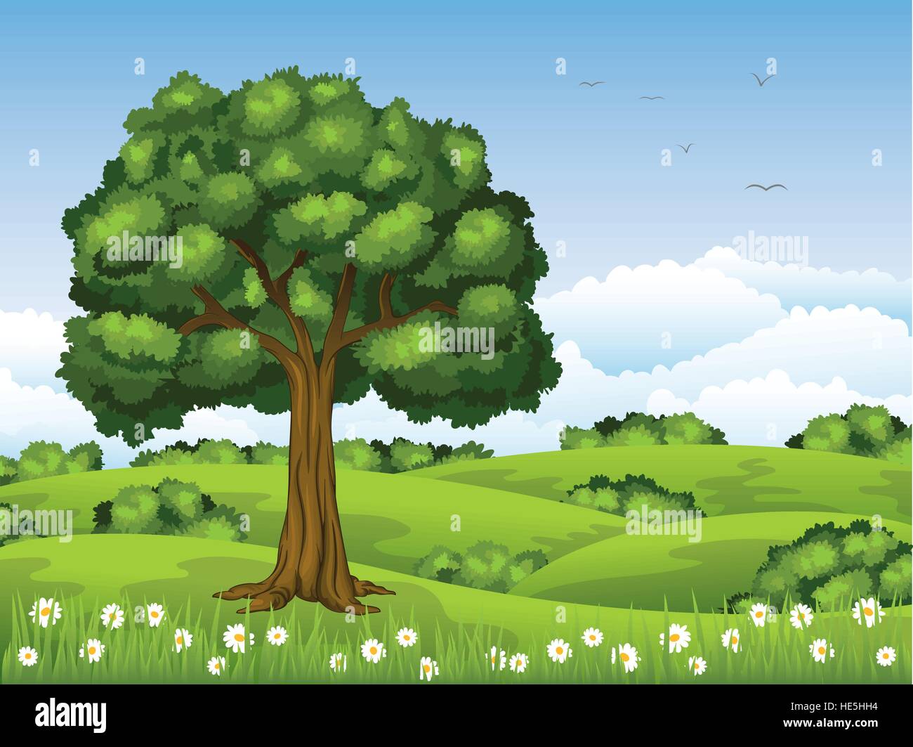 Sommerlandschaft mit einem großen Baum Stock Vektor
