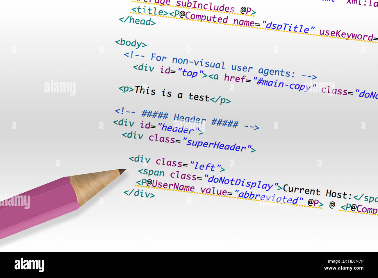 Computer-Code HTML-Code auf ein Papier und einen Stift Stockfoto