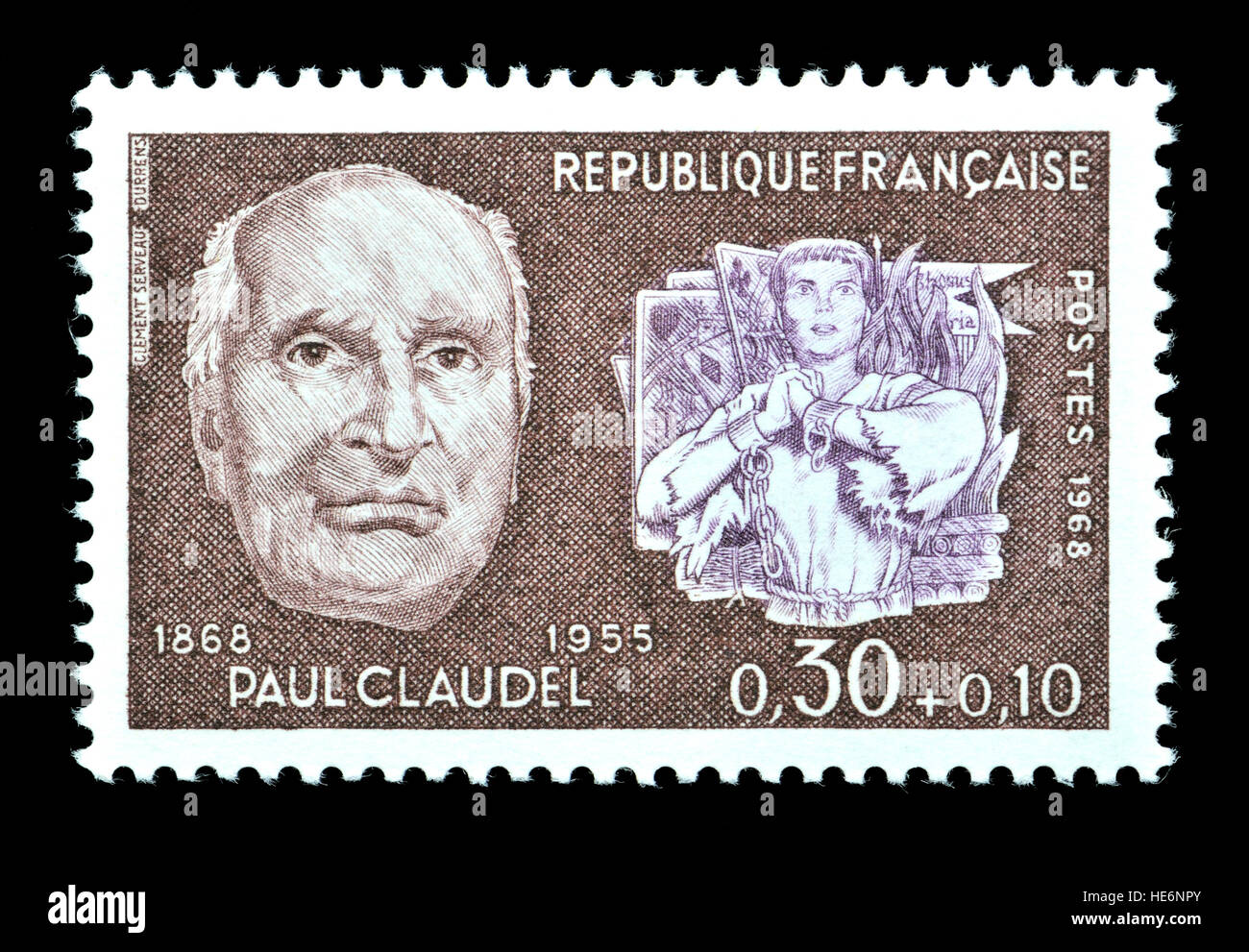 Französische Briefmarke (1968): Paul Claudel (1868 – 1955) französischen katholischen Dichter, Dramatiker und Diplomat, sechs Mal für den Nobelpreis nominiert Stockfoto