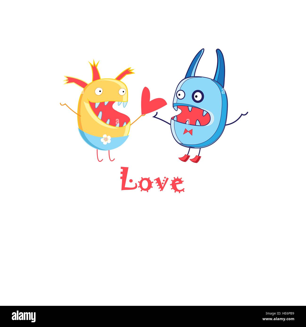 Helle Karte mit Liebe mit Monstern auf weißem Hintergrund Stock Vektor