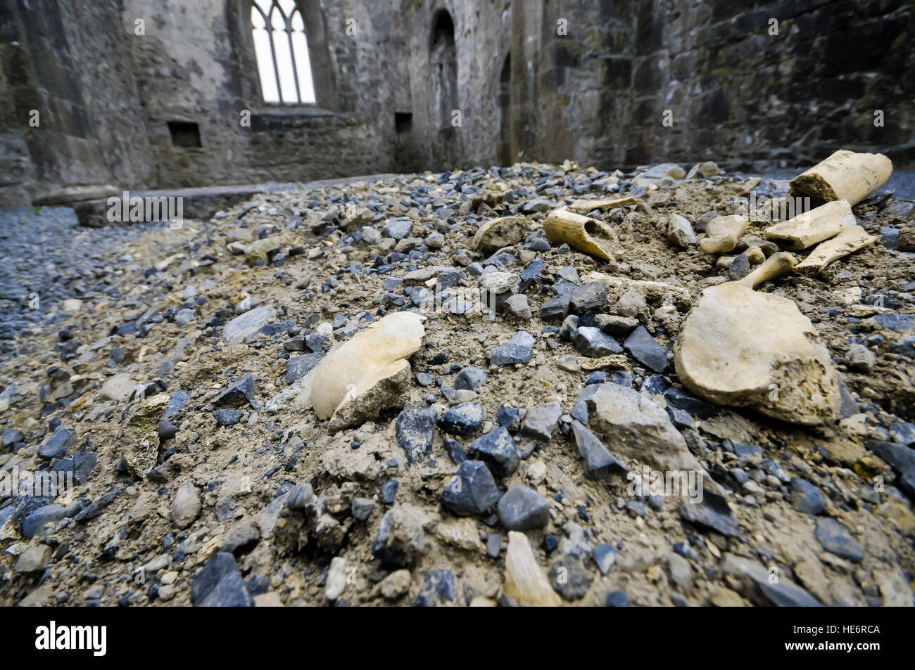 Menschliche Knochen auf dem Boden im Inneren einer zerstörten Kirche liegen. Stockfoto
