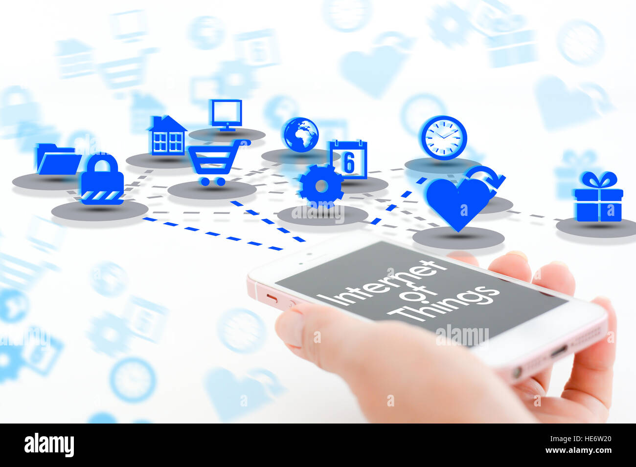 Internet der Dinge-Konzept mit Smartphone und verschiedenen apps icons Stockfoto