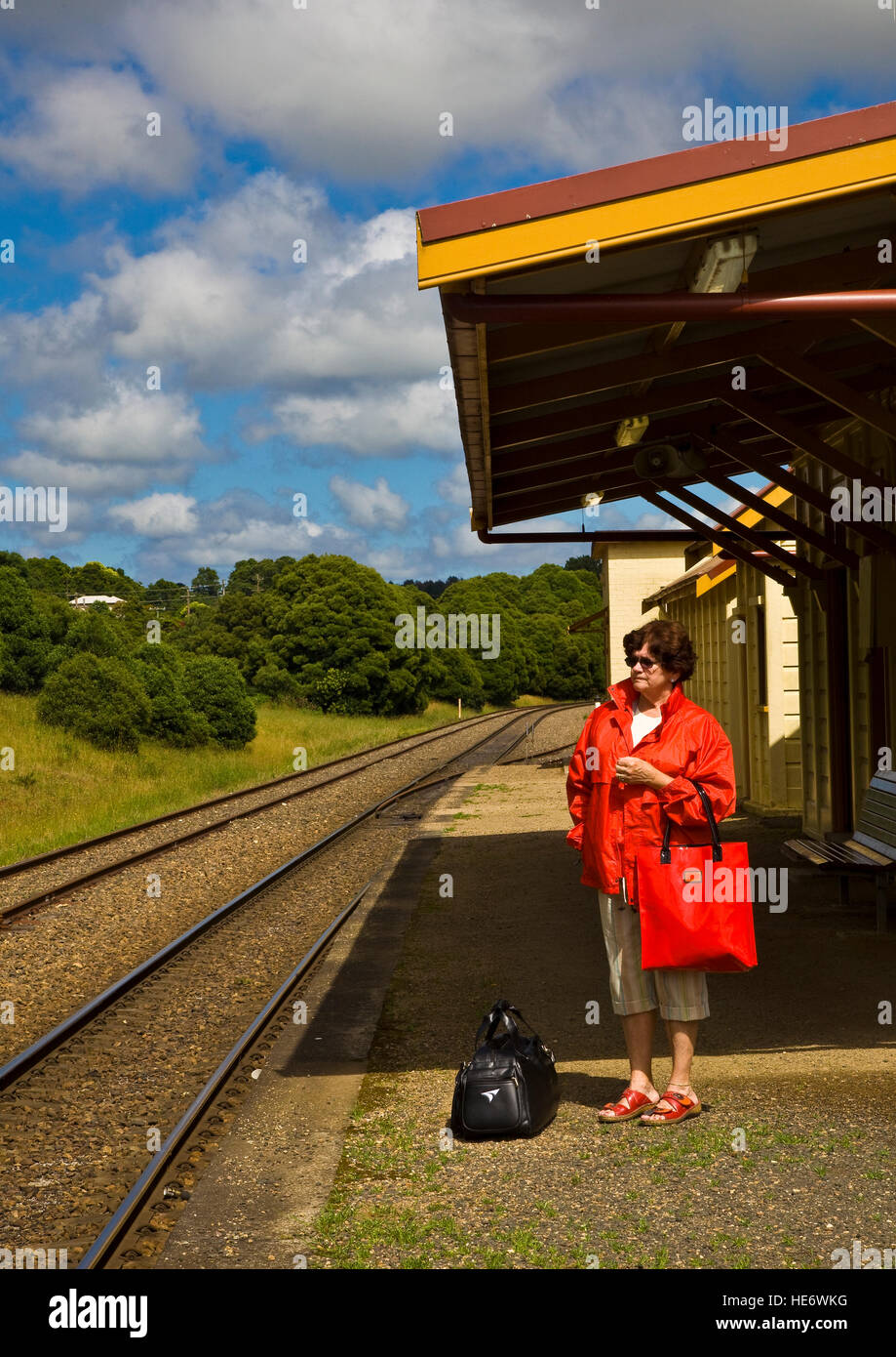 Einsame Frau wartet Zug am Bahnhof von Land Stockfoto
