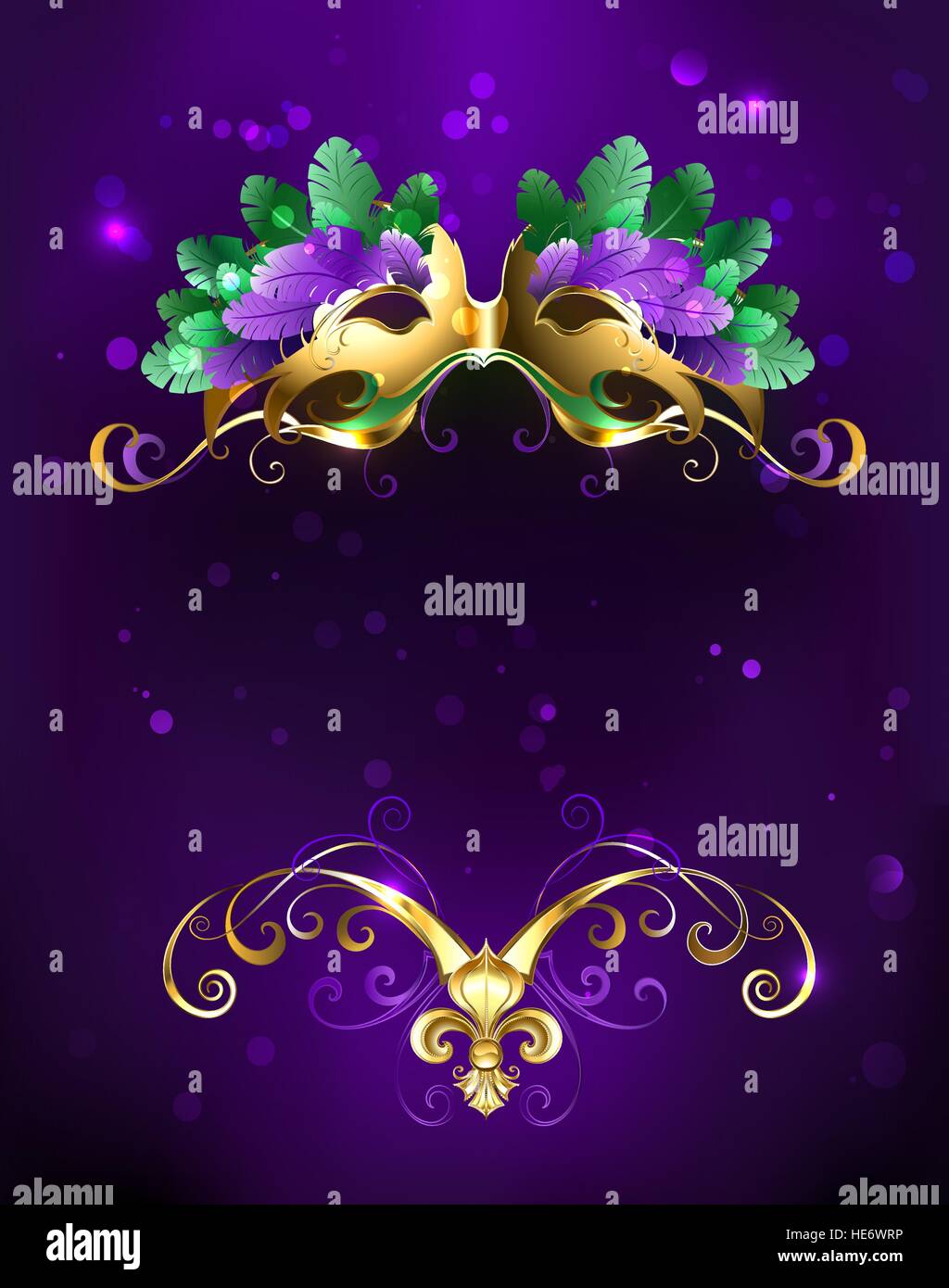 Gold Karneval Maske Grün und lila Federn auf lila Hintergrund. Stock Vektor