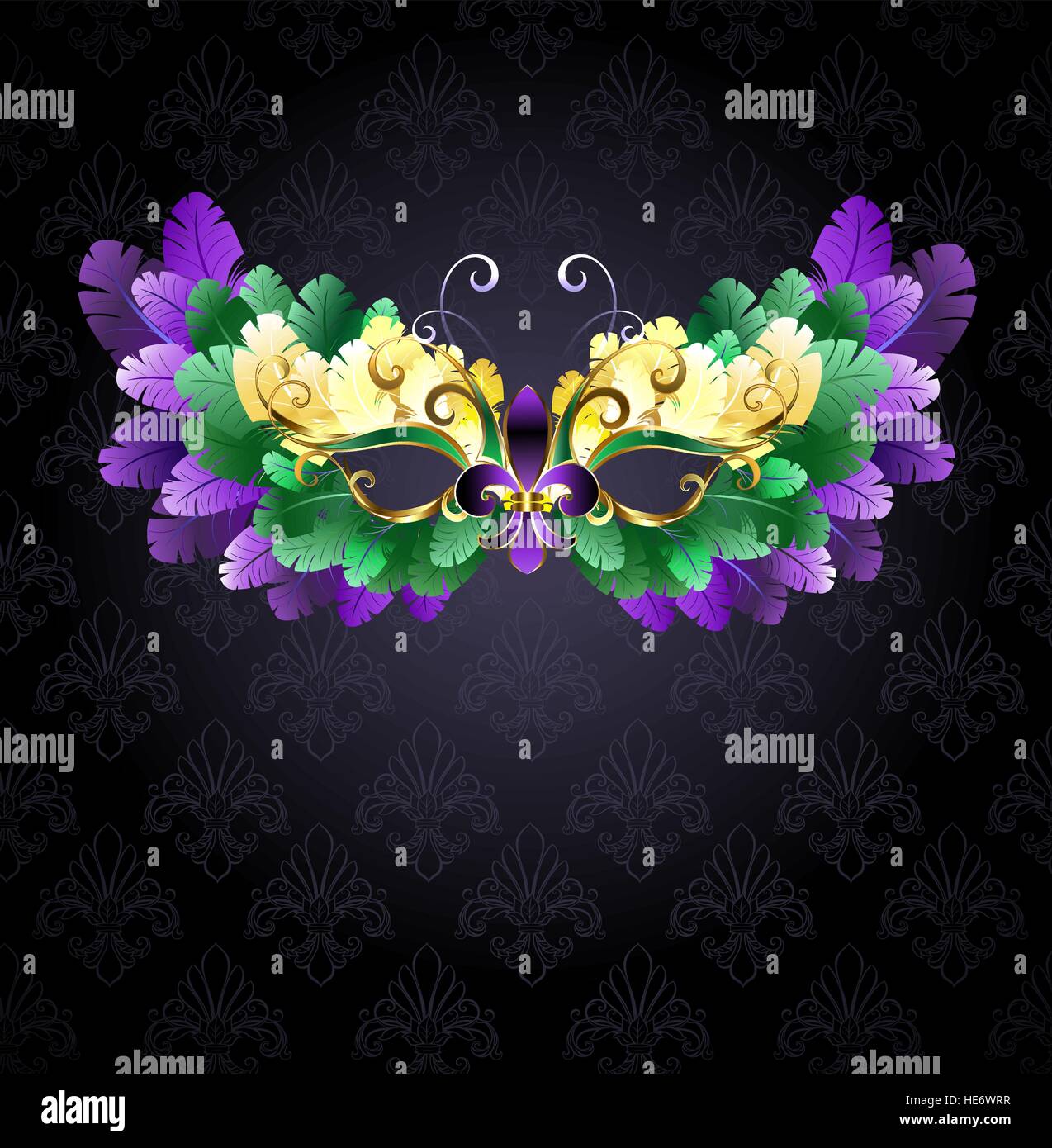 Karneval Maske der grünen, violetten und gelben Federn auf einem schwarzen Hintergrund. Stock Vektor