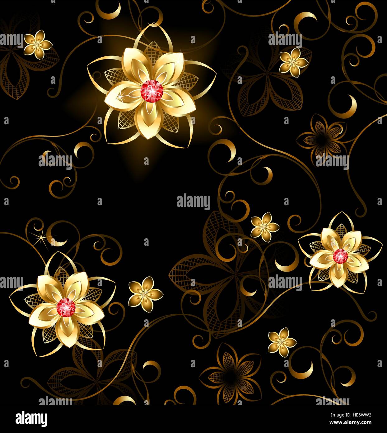 Muster der vergoldeten Blumen mit hellen Rubine auf braunem Hintergrund Stock Vektor