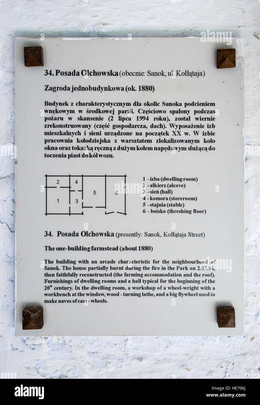 Zweisprachiges Schild am Hof von Posada Olchowska, 1880, ländliche Architektur Museum in Sanok, Kleinpolen, Polen Stockfoto
