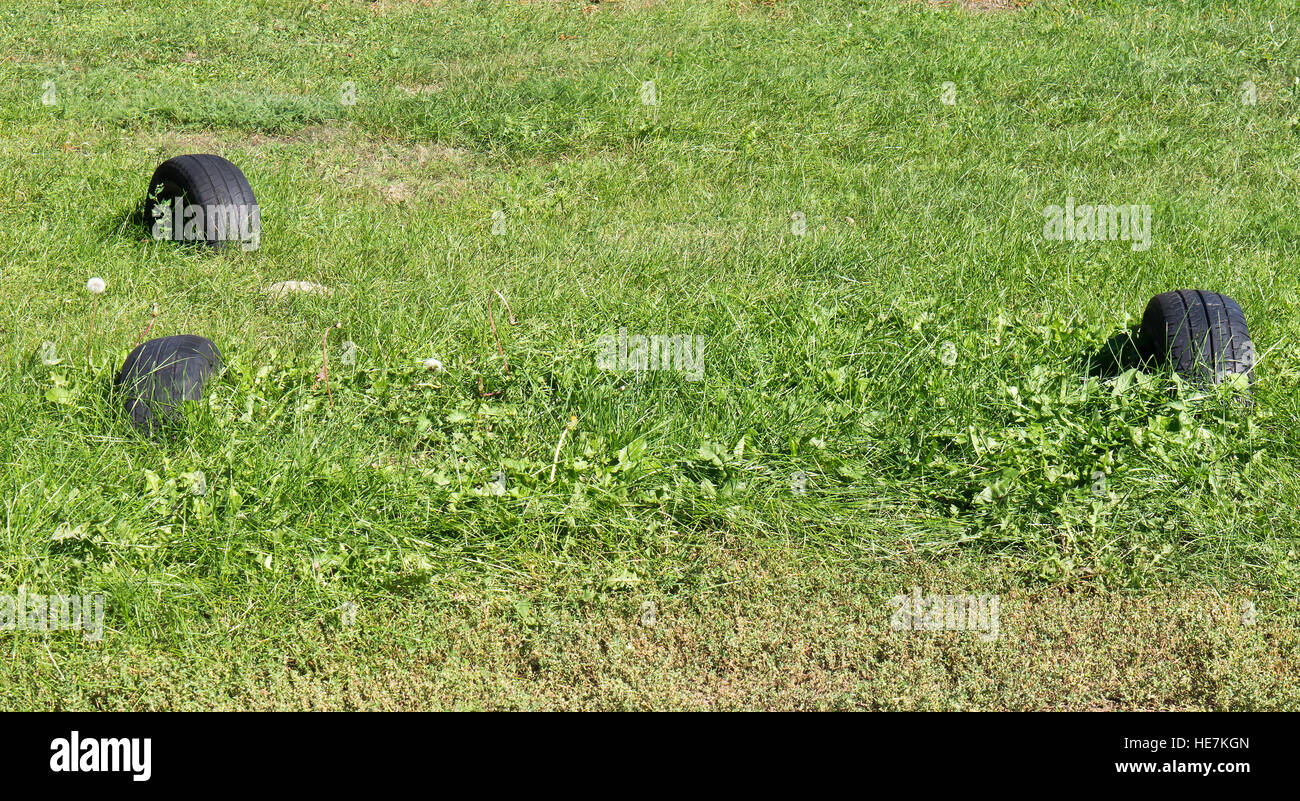 Die Natur-Rasen-Hintergrund und Auto Reifen. Stockfoto