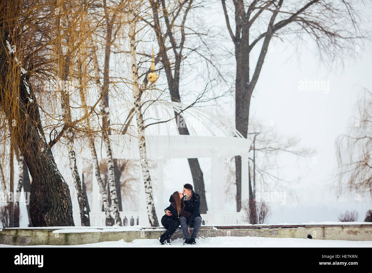 Mann und Frau küssen im verschneiten park Stockfoto