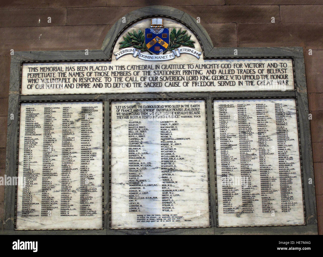 St Annes Belfast Cathedral Interior, Mitglieder von stationären, Druck & Alliierten Trades, die im ersten Weltkrieg diente Stockfoto