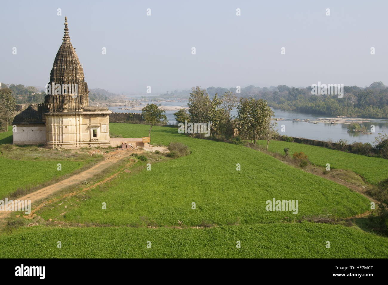 Alten Hindu-Tempel, umgeben von üppigen grünen Feldern in Orchha, Madhya Pradesh, Indien Stockfoto