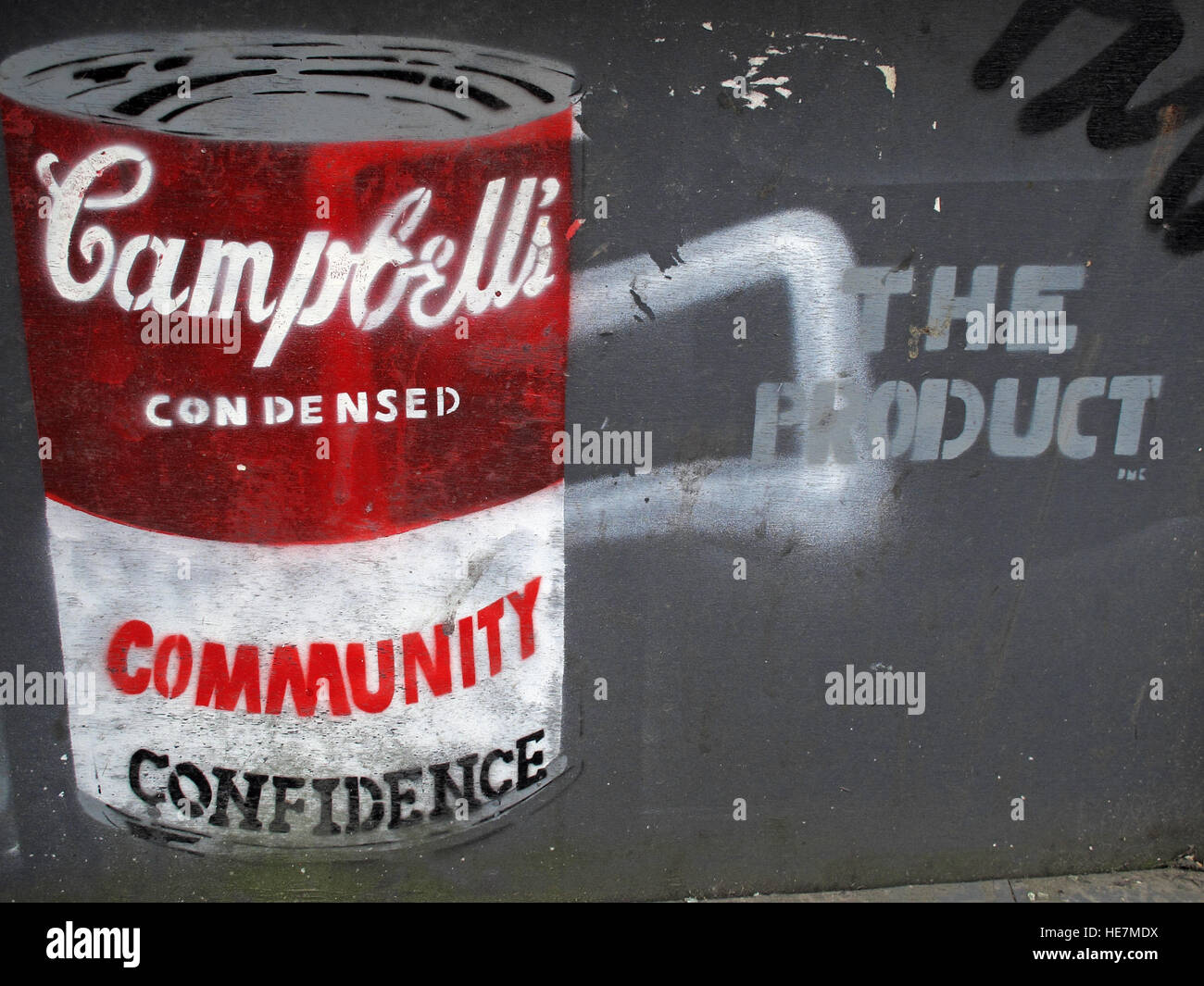 Vertrauen in die Gemeinschaft, Campbells, Suppendose, Graffiti in Belfast Garfield Street Stadtzentrum, Nordirland, Großbritannien Stockfoto