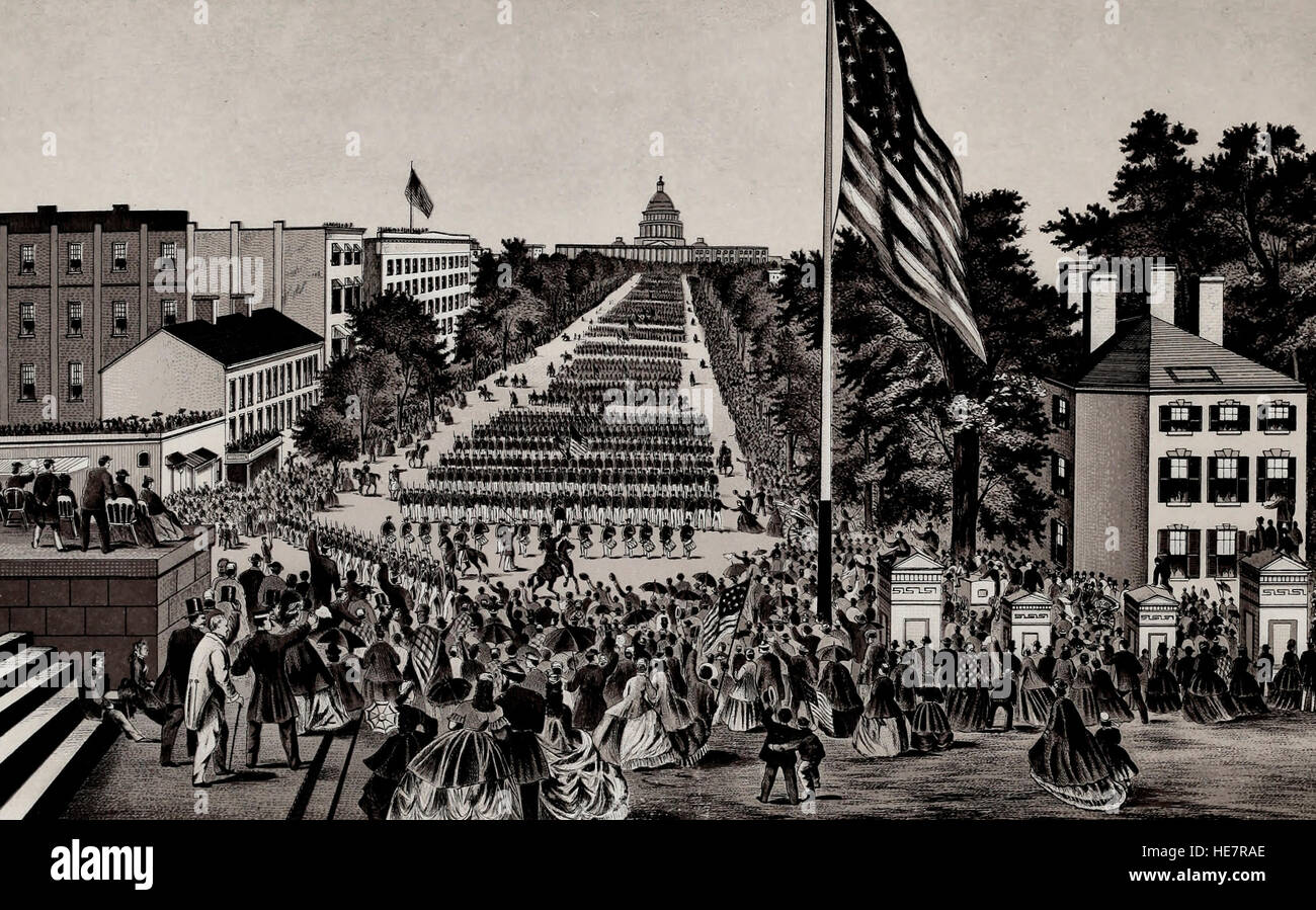Großen Beitrag der Armeen der Vereinigten Staaten in Washington, D.C., 23. Mai 1865. Truppen marschieren auf der Pennsylvania Avenue, vor der Übergabe der Tribüne. Ende des Bürgerkrieges der USA. Stockfoto