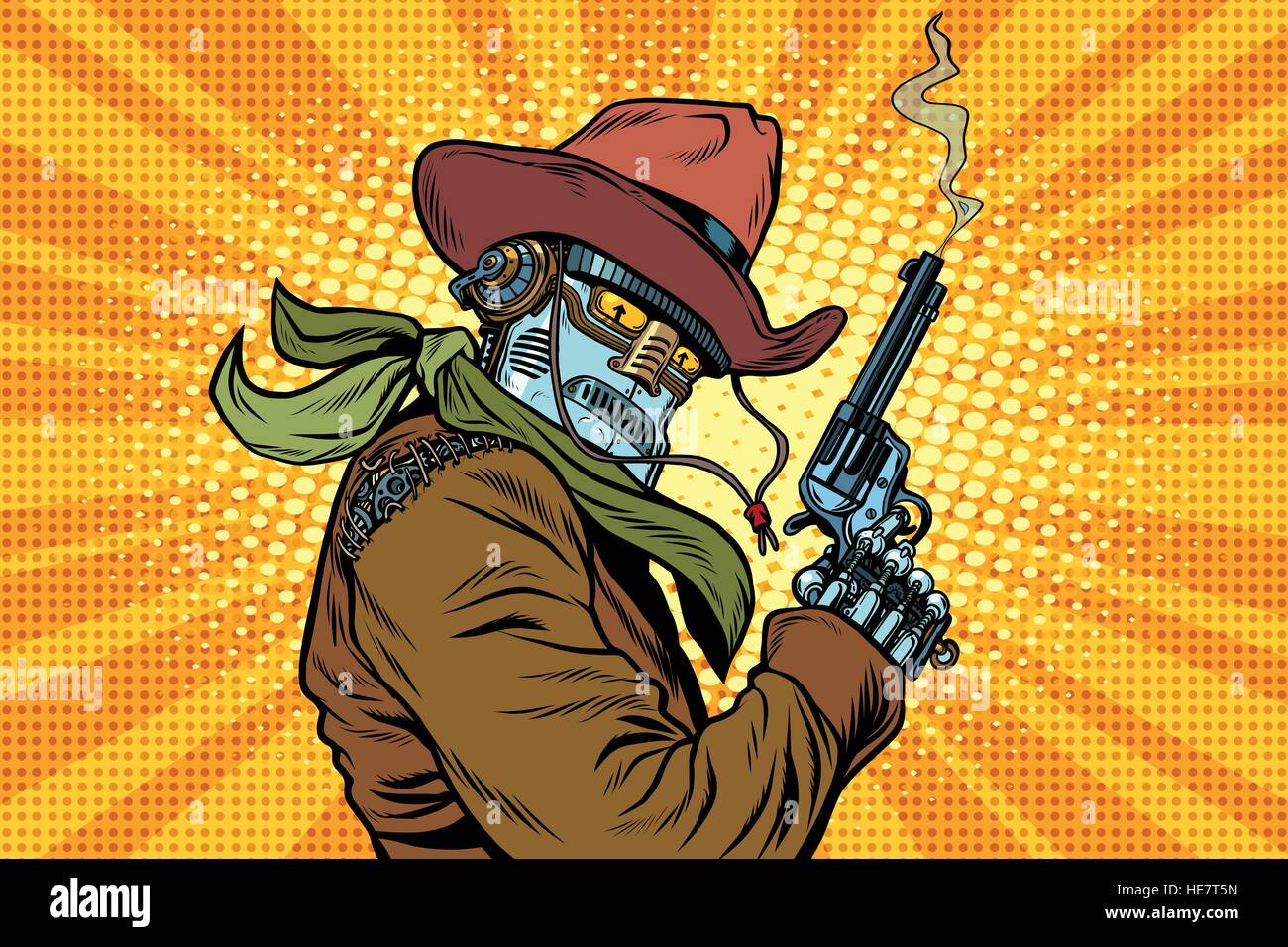 Steampunk-Roboter-Cowboy mit dem Rauchen nach dem Brand eines Revolvers Stock Vektor