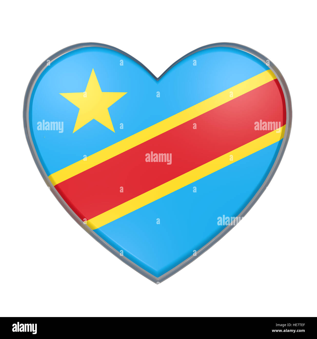 3D-Rendering einer demokratischen Republik Kongo Flagge am Herzen. Weißem Hintergrund Stockfoto