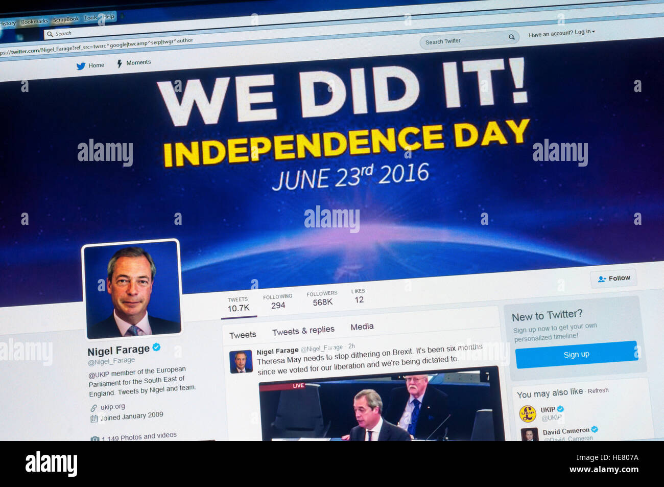 Der Twitter-Account von Nigel Farage, vorbei an Führer der UKIP und MEP. Stockfoto