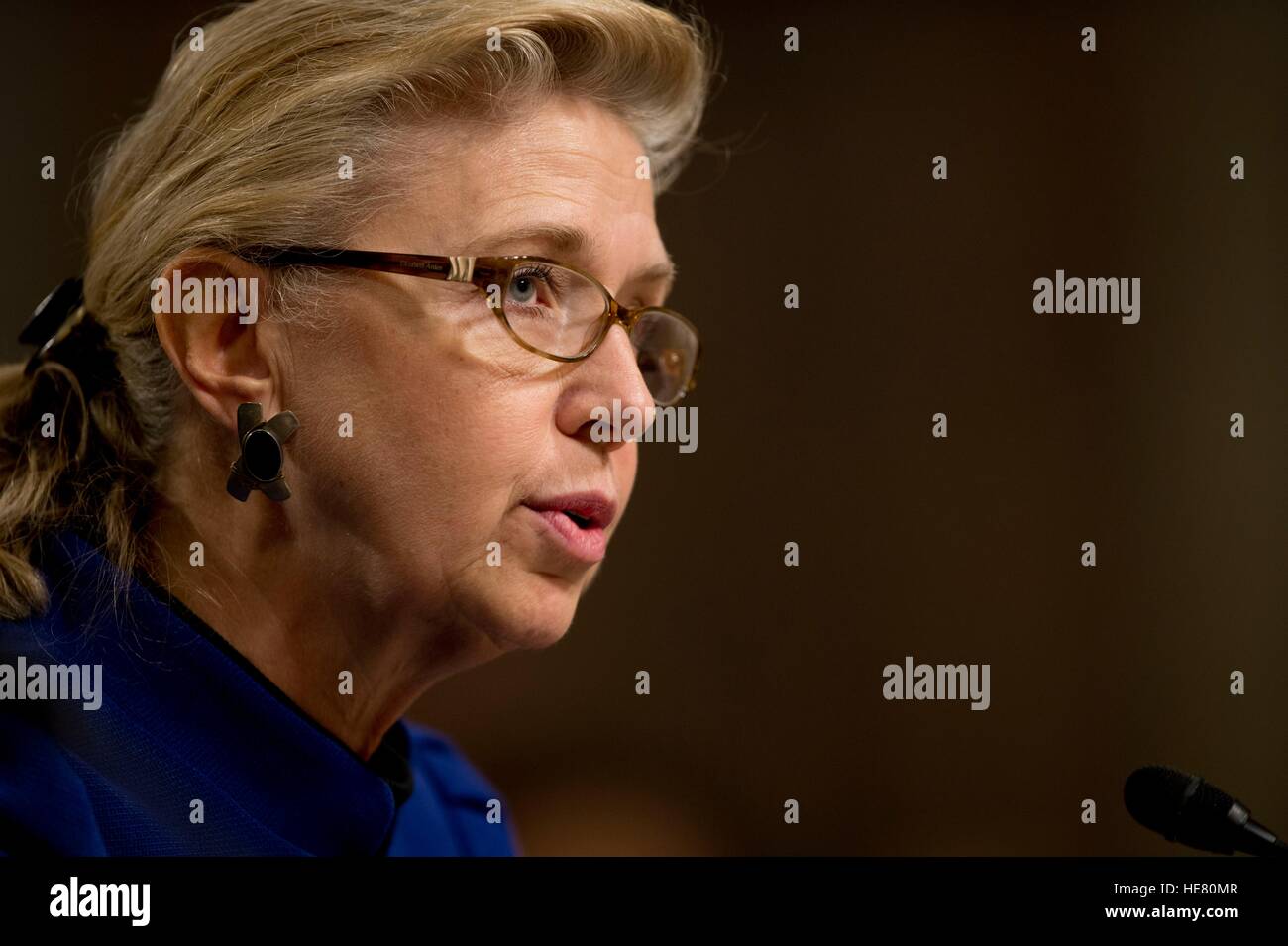 US handeln Deputy Secretary Of Defense Christine Fox bezeugt vor der bewaffneten Service Senatsausschuss am Dirksen Senate Office Building 28. Januar 2014 in Washington, DC. Stockfoto