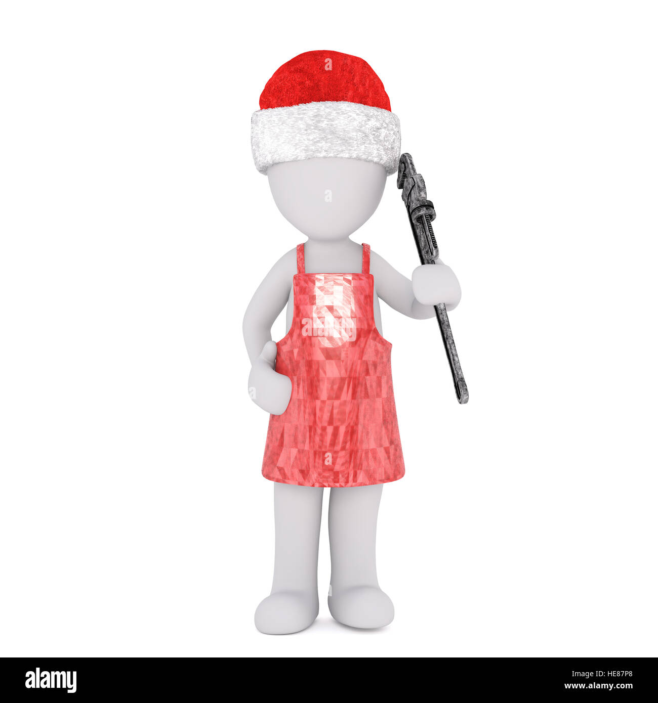 Ganzkörper 3d Toon Küchenschürze und Weihnachtsmütze mit Schraubenschlüssel, weißer Hintergrund Stockfoto