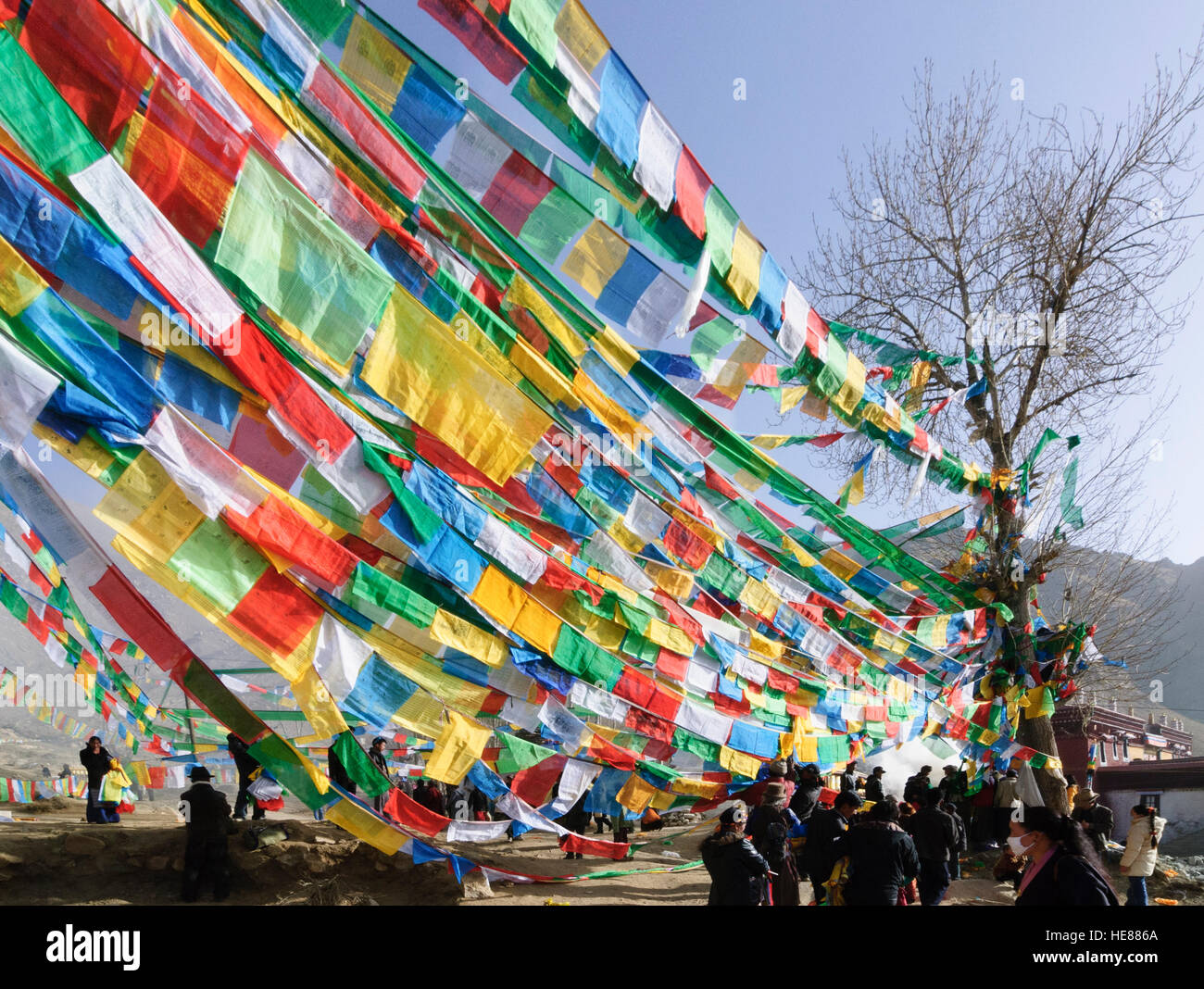 Lhasa: Tibeter legen neue Gebetsfahnen, das tibetische Neujahr (Losar), vor Nechung Kloster, Tibet, China Stockfoto
