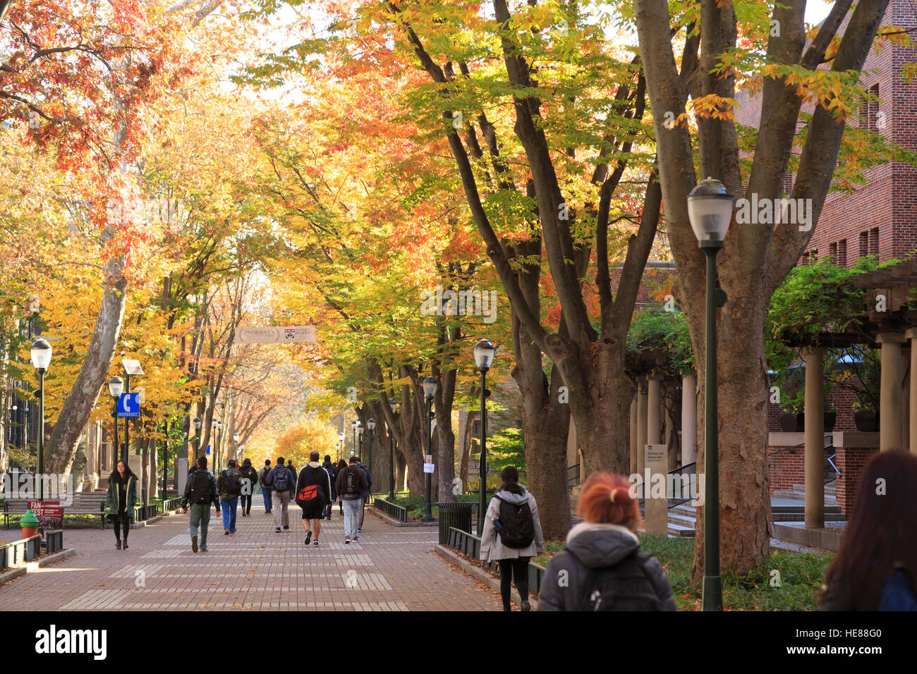 Heuschrecken Spaziergang mit einer Menge von Studierenden im Herbst auf dem Campus, Universität von Pennsylvania, University City, Philadelphia, PA, USA Stockfoto