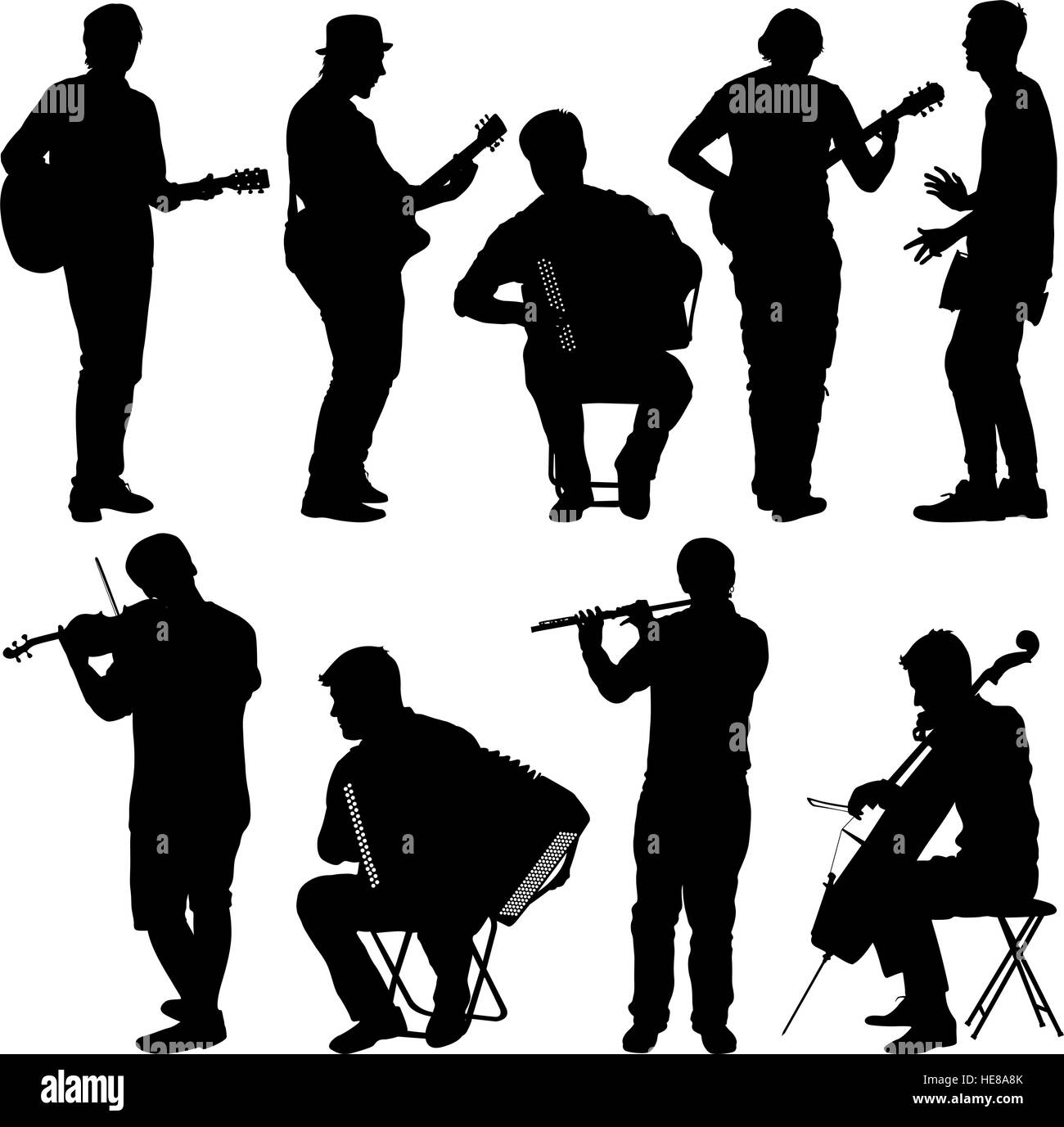 Silhouetten Straßenmusiker spielen Instrumente. Vektor-illustration Stock Vektor