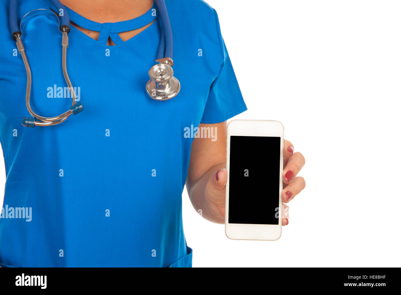 Arzt mit Stethoskop isoliert auf weißem Hintergrund Stockfoto