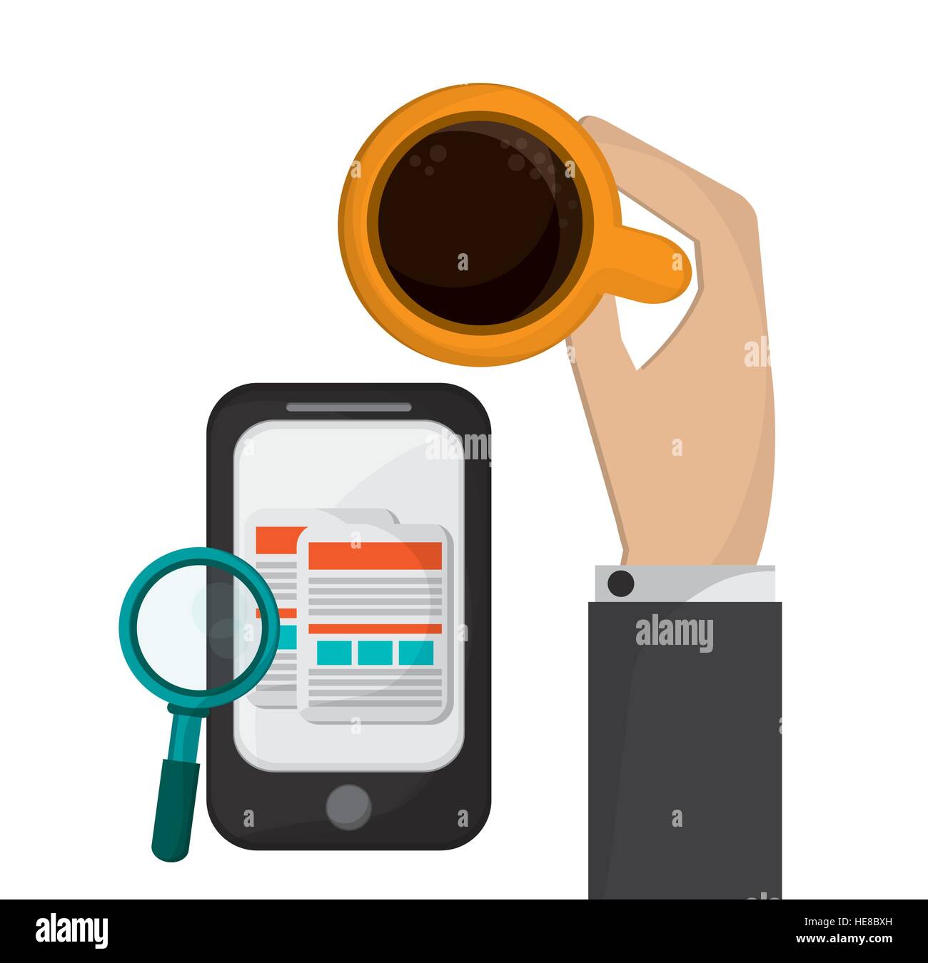 halten Tasse Kaffee Handy-Suche Stock Vektor