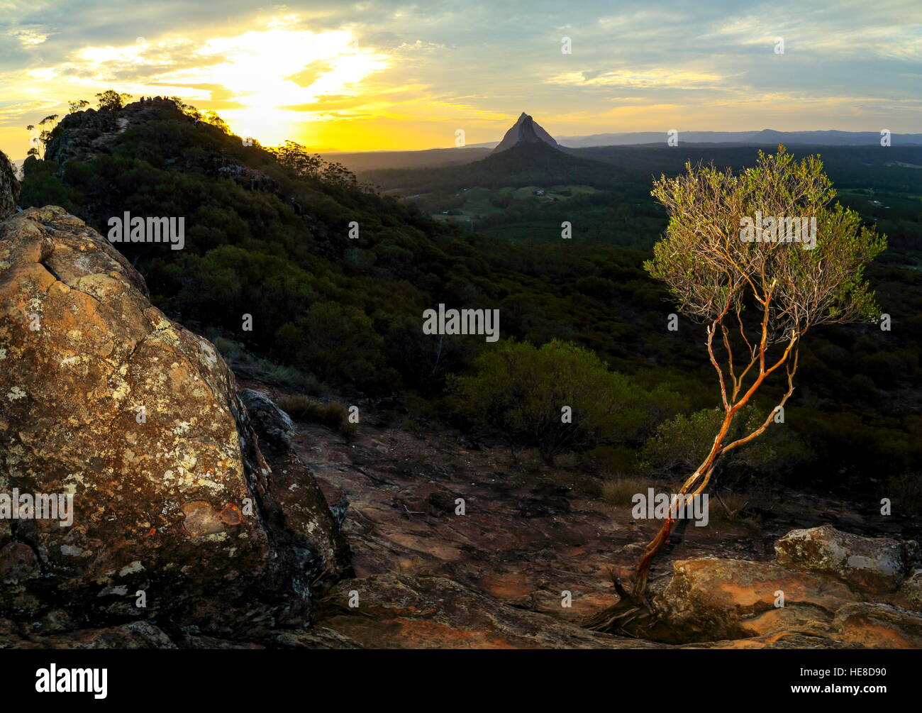 Sonnenuntergang von der Spitze des Mount Ngungun. Die Gipfel im Hintergrund sind Mount Coonowrin und Mount Beerwah. Stockfoto