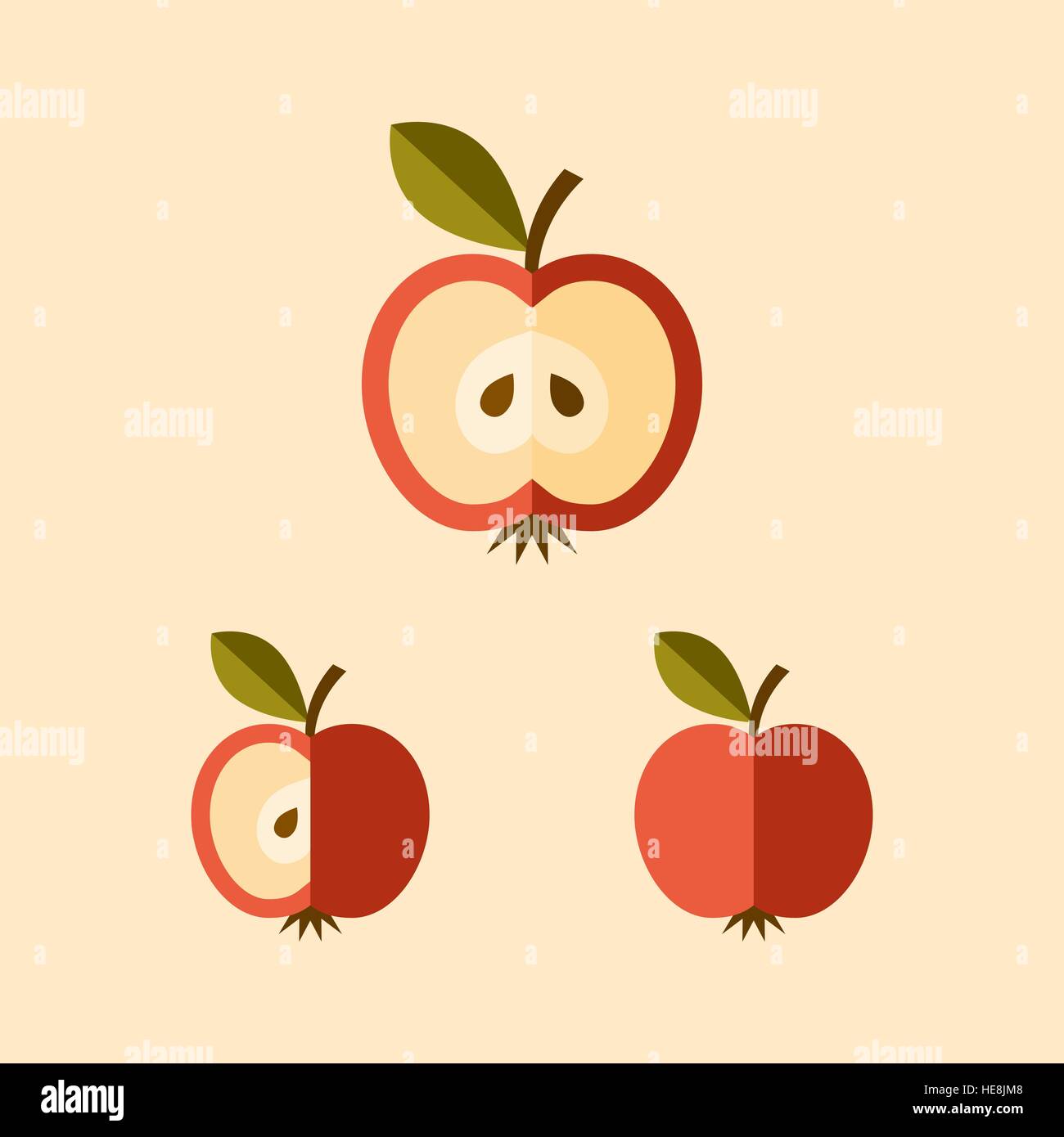 Drei Varianten einer in Scheiben geschnittenen Apfel-Ikone, modernen flachen Stil. Stock Vektor