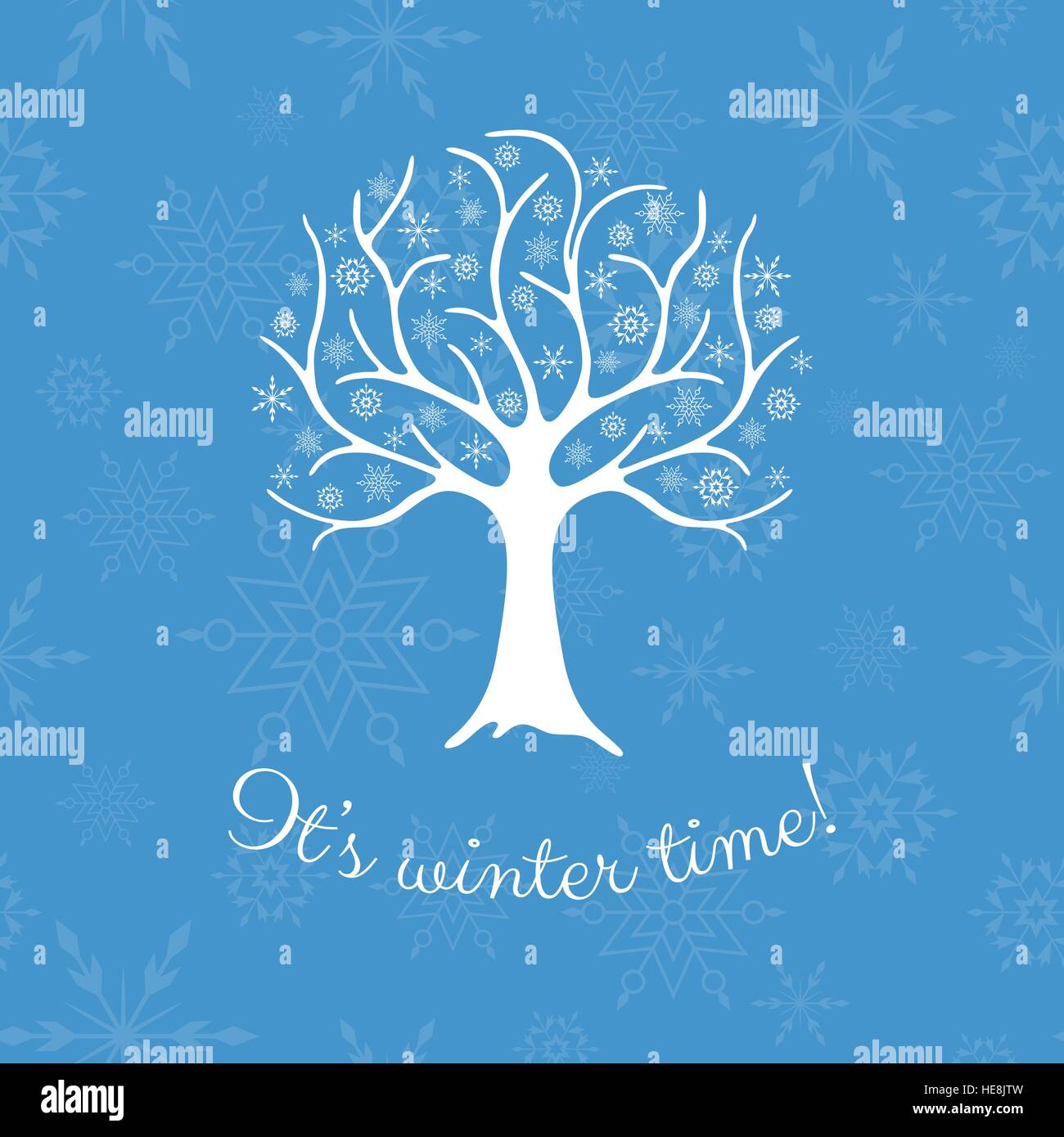 Elegante Winter Baum mit Schneeflocken anstelle von Blättern. Saisonale Entwurfsvorlage über einem Hintergrund mit Schneeflocken. Stock Vektor