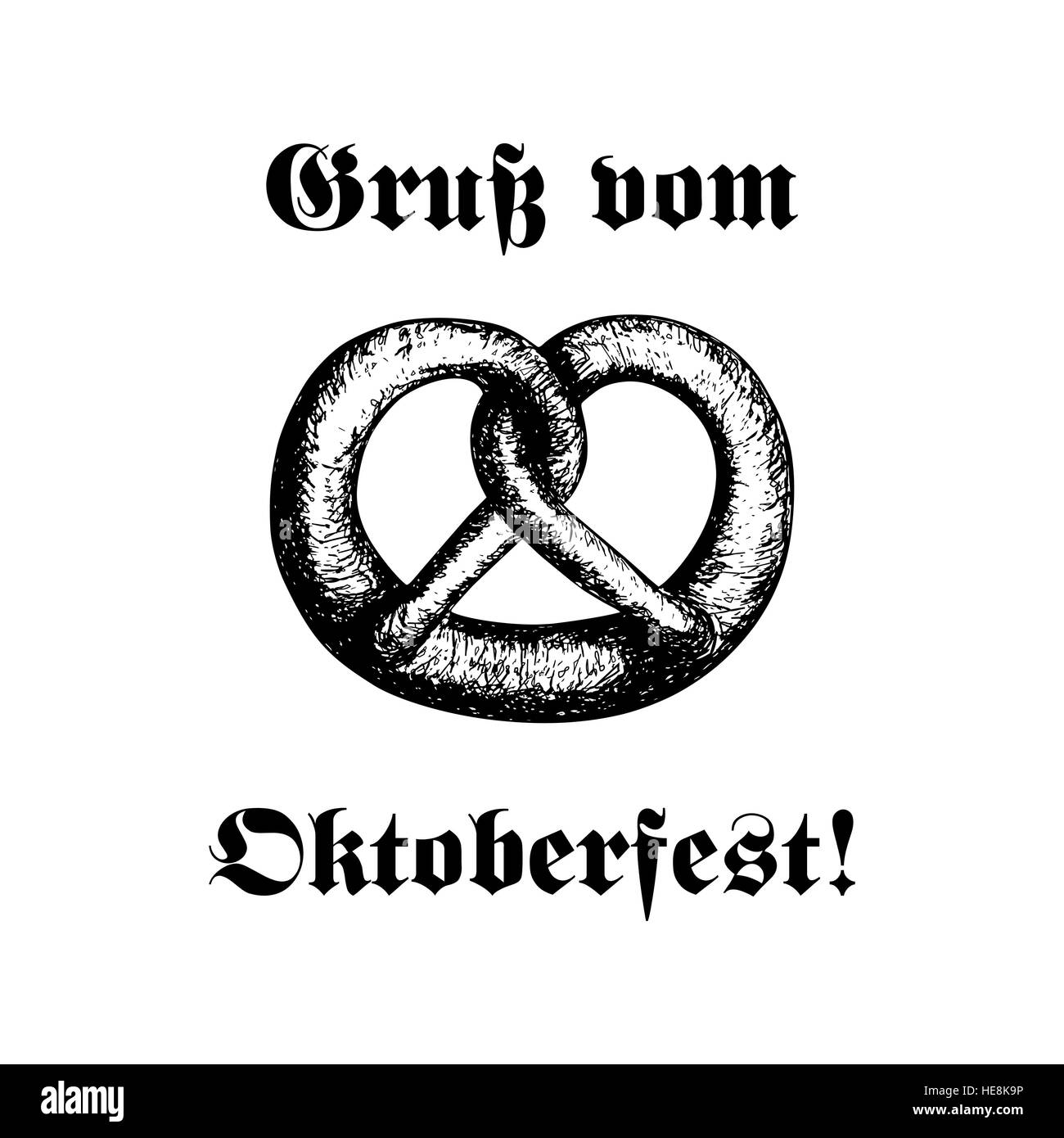 Handgezeichnete Vektor-Illustration eine Brezel. Oktoberfest-Feier-Design. Text in deutscher Sprache: "Grüße vom Oktoberfest!" Stock Vektor