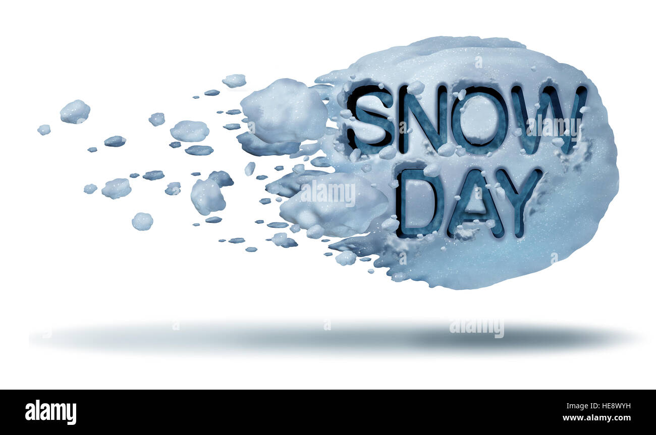Schnee-Tag Wettersymbol als eine fliegende Schneeball mit Text eingeprägt in die gefrorene Eiskristalle als Spaß Winter Saison Aktivität Konzept mit 3D Illustratio Stockfoto