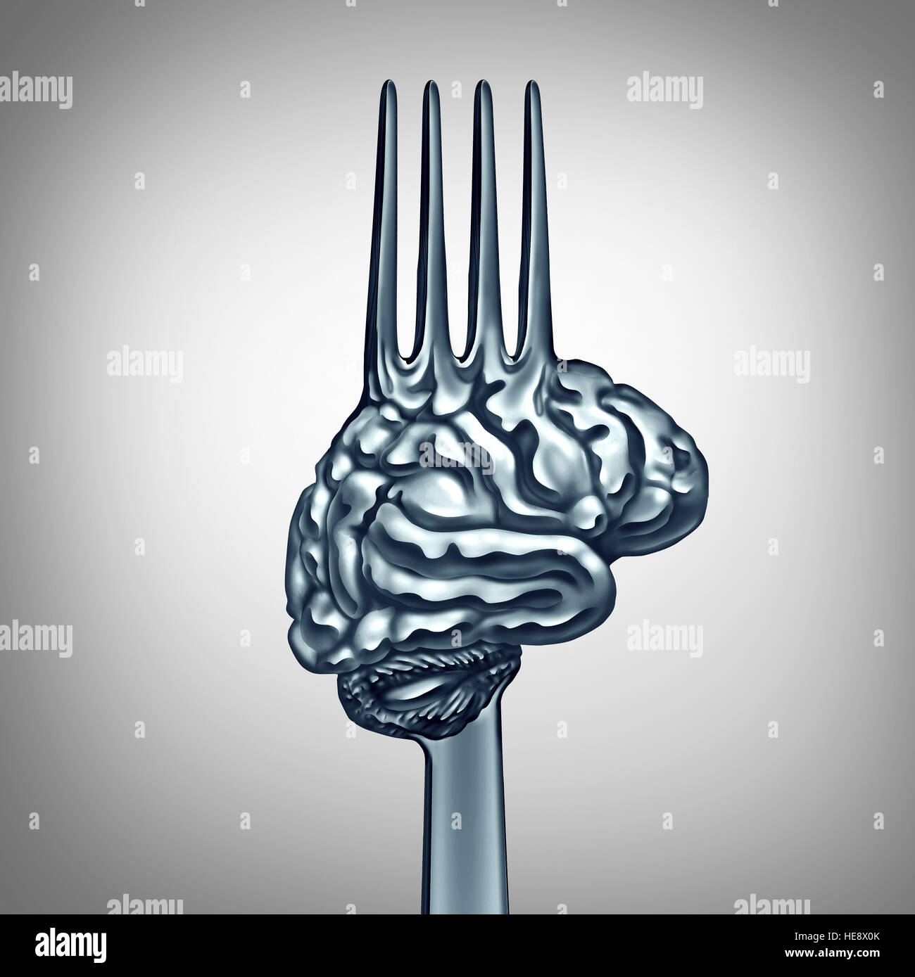 Gehirn Essen Symbol als ein Metall Gabel geformt als ein Organ des menschlichen Denkens, Brainpower mit Ernährungskonzept zum Geist Gesundheit oder kluge s steigern Stockfoto