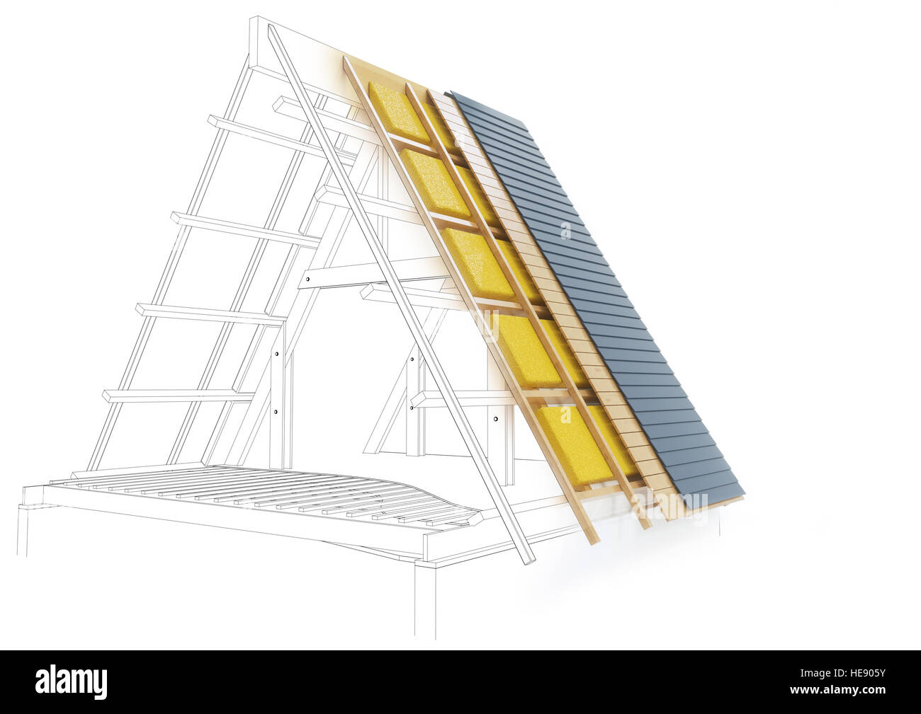 Zeichnung eines Daches mit technischen Details - Design 3D Renderings Stockfoto