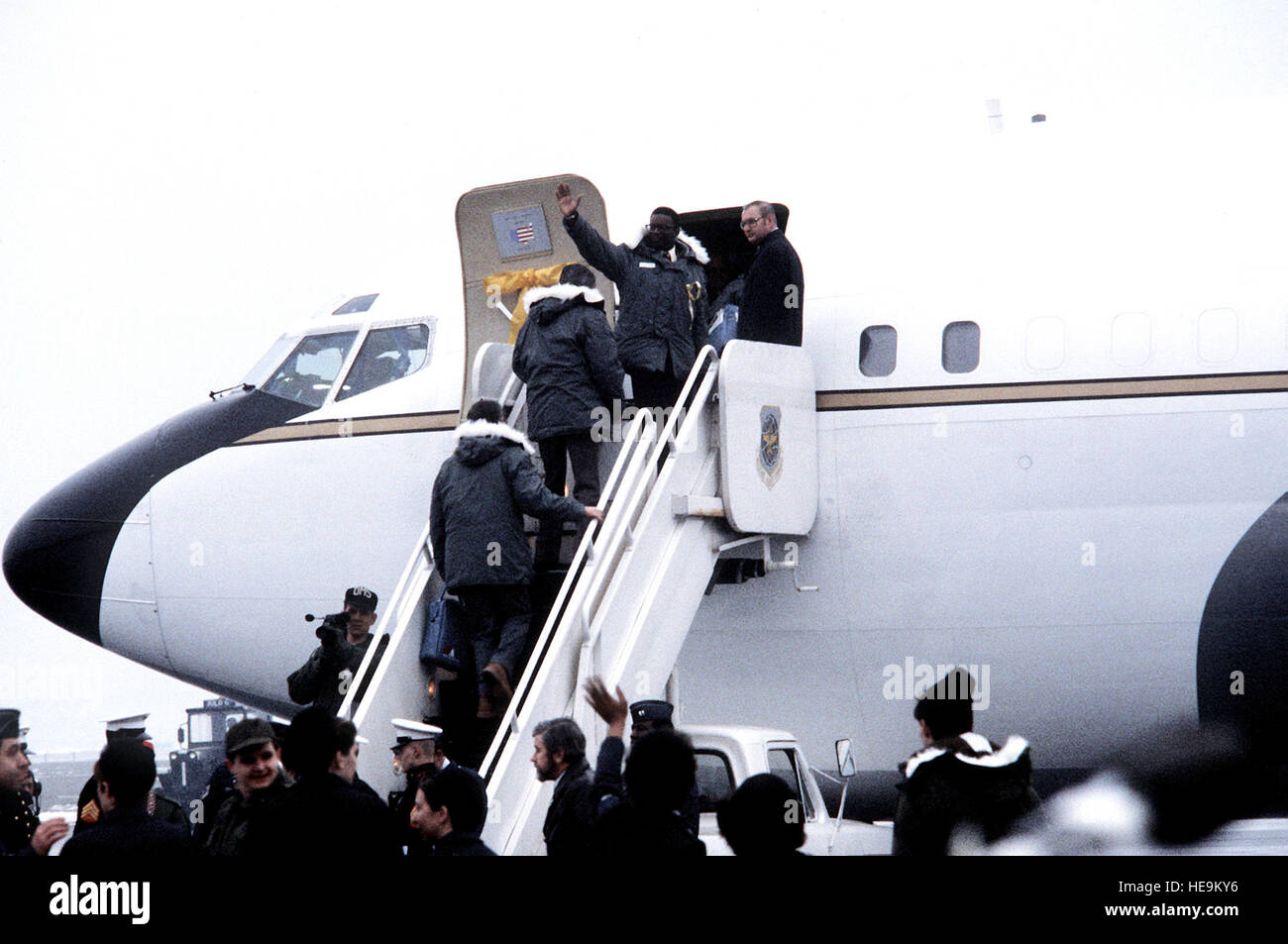 Die 52 ehemaligen Geiseln an Bord VC-137, eine Freiheit für ihre Ausreise in die Vereinigten Staaten nach ihrer Freilassung aus dem Iran. Stockfoto