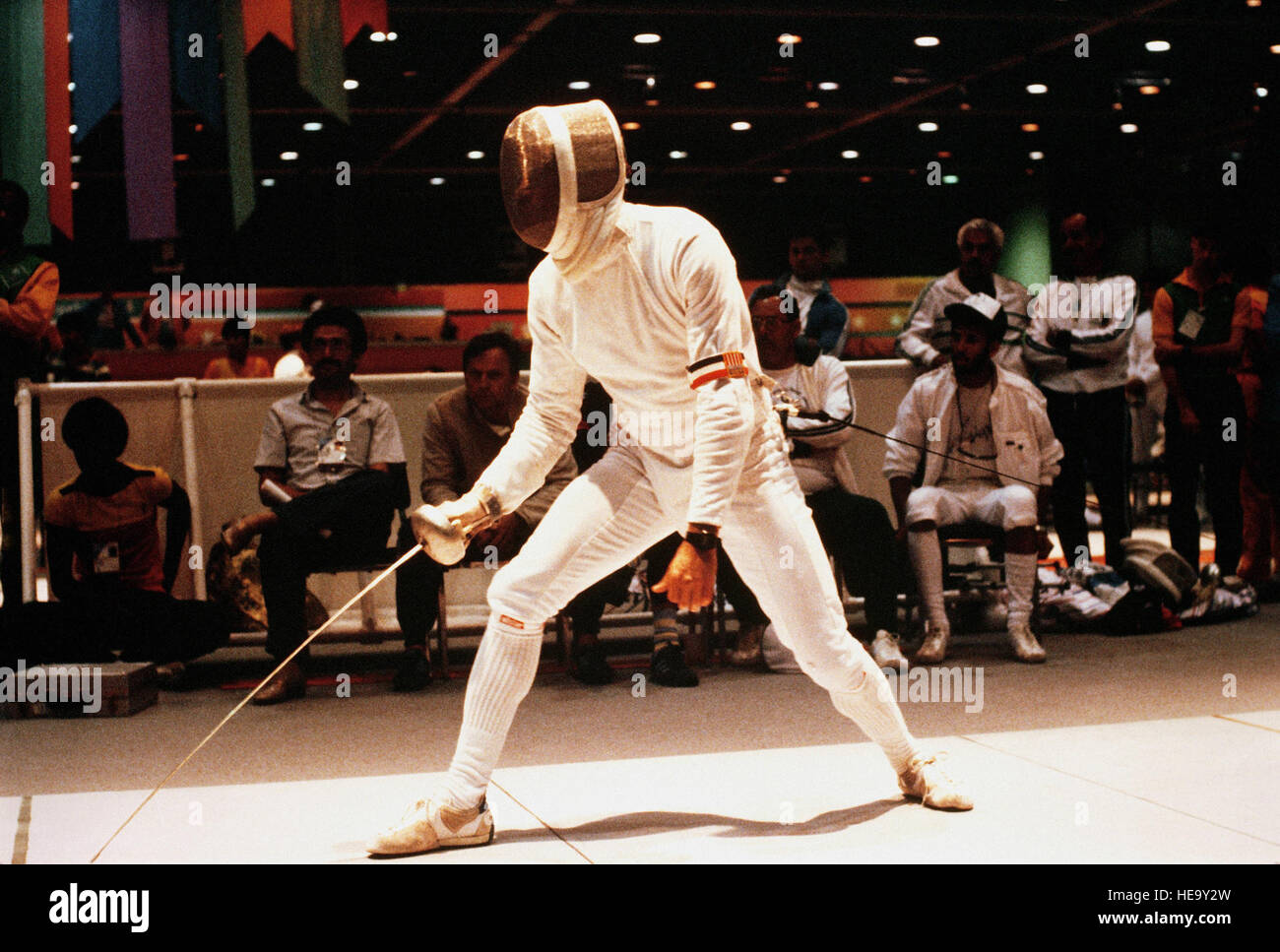 Armee-Reserve-Leutnant John Moreau während eines Spiels Fechten bei den Olympischen Spielen 1984. Stockfoto