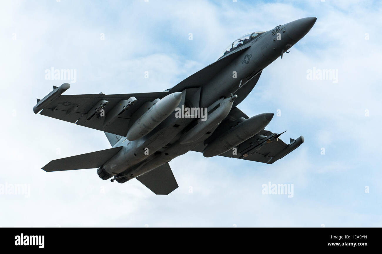 Ein US-Navy EA - 18G Growler zieht in Mountain Home Air Force Base, Idaho, 16. Oktober 2013. Der Growler flog als Teil des Berges Roundup, eine massive Multi-service, multi-nationalen Bewegung.  Techn. Sgt. Samuel Morse Stockfoto