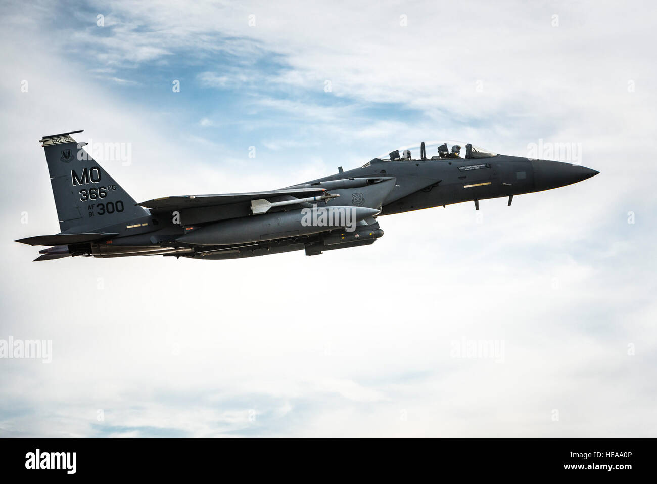 Ein US-Air Force F-15E Strike Eagle zieht in Mountain Home Air Force Base, Idaho, 16. Oktober 2013. Der Flug war Teil des Berges Roundup, eine massive Multi-service, multi-nationalen Bewegung.  Techn. Sgt. Samuel Morse Stockfoto