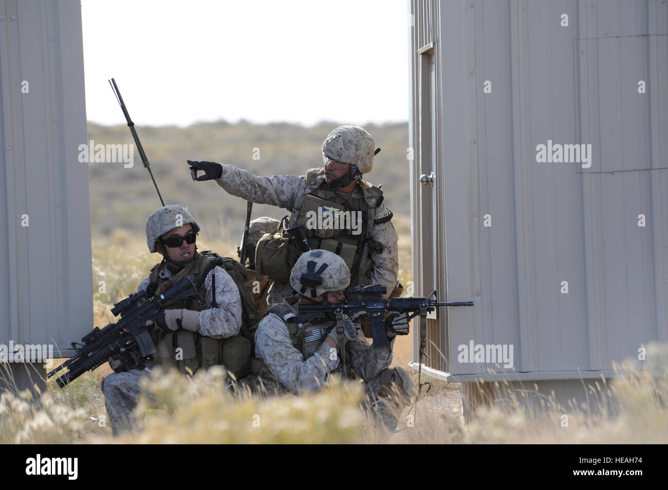 1. Air Naval Gunfire Liaison Company forward Air Controller bereitgestellt vom Camp Pendleton, Kalifornien, US Marine Kapitän Erich Lloyd leitet Team Bewegungen während eines städtischen Kampf Übungsszenario während des Trainings Berg Roundup 2013 bei Juniper Butte Range, etwa 70 Meilen von Mountain Home Air Force Base, Idaho, 8. Oktober 2013. Lloyd, eine vorherige eingetragen Crewchief verwendet US Navy AV-8 b Harriers und Republic of Singapore Air Force F-15SG Strike Eagles Lufttransportmittel, um feindliche Kräfte zu neutralisieren.  Master Sergeant Kevin Wallace /) Stockfoto