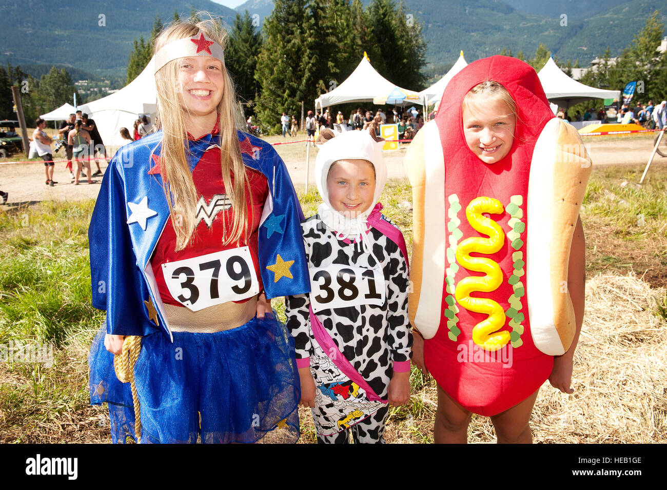 Beste Kostüm-Teilnehmer bei den kanadischen Cheese Rolling Crankworx.  Whistler BC, Kanada. Stockfoto