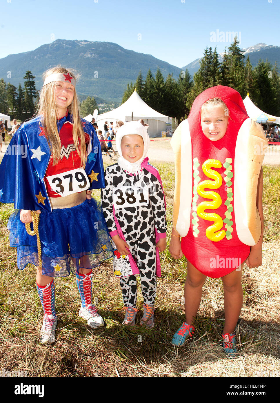 Beste Kostüm-Teilnehmer bei den kanadischen Cheese Rolling Crankworx.  Whistler BC, Kanada. Stockfoto