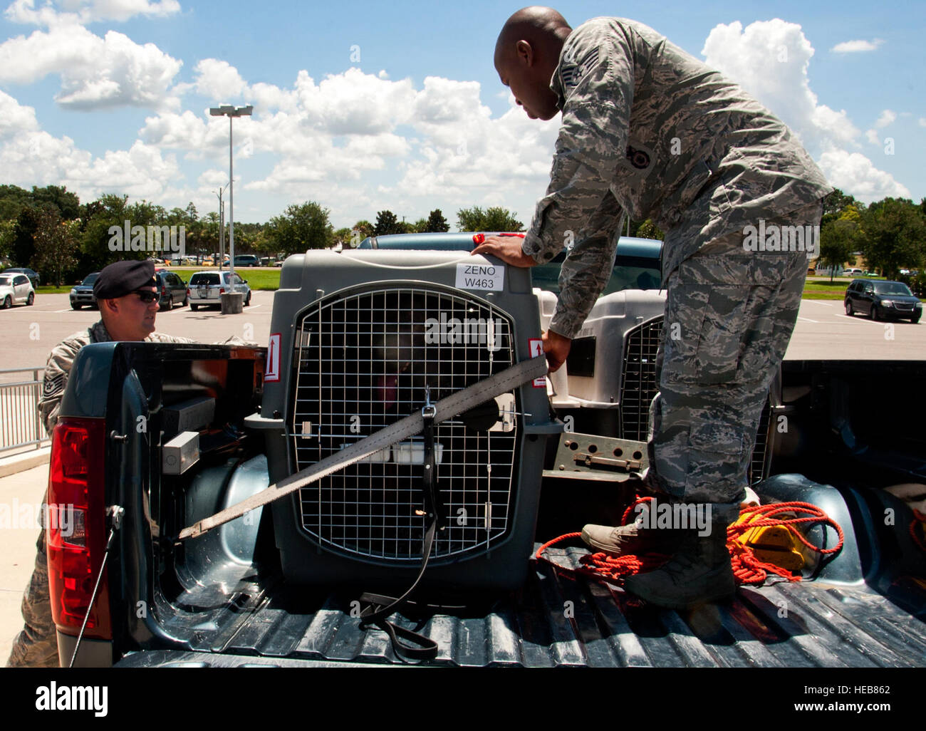 Sichern Sie techn. Sgt. Edward Scott und Staff Sgt George Holmes, 6. Sicherheit Kräfte Squadron militärischer Arbeitshund Handler, die Gurte um einen Zwinger 26. Juni 2015, am Tampa International Airport in Tampa, Florida Zeno sicher auf der Rückseite eines LKW auf der MacDill Air Force Base, Florida, transportiert wurde wo er im Prozess wird.   Senior Airman Jenay Randolph Stockfoto