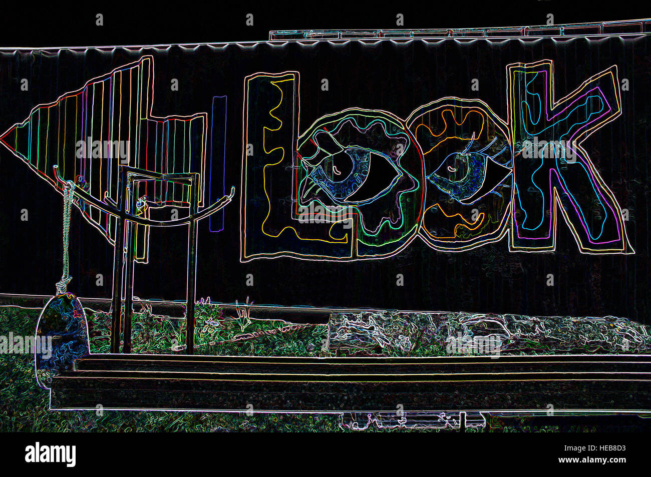 Graffiti-Kunst zu suchen und Pfeil-nach - links-digital manipulierte Bild mit leuchtenden Kanten, abstrakte Zeichen auf schwarzem Hintergrund Stockfoto