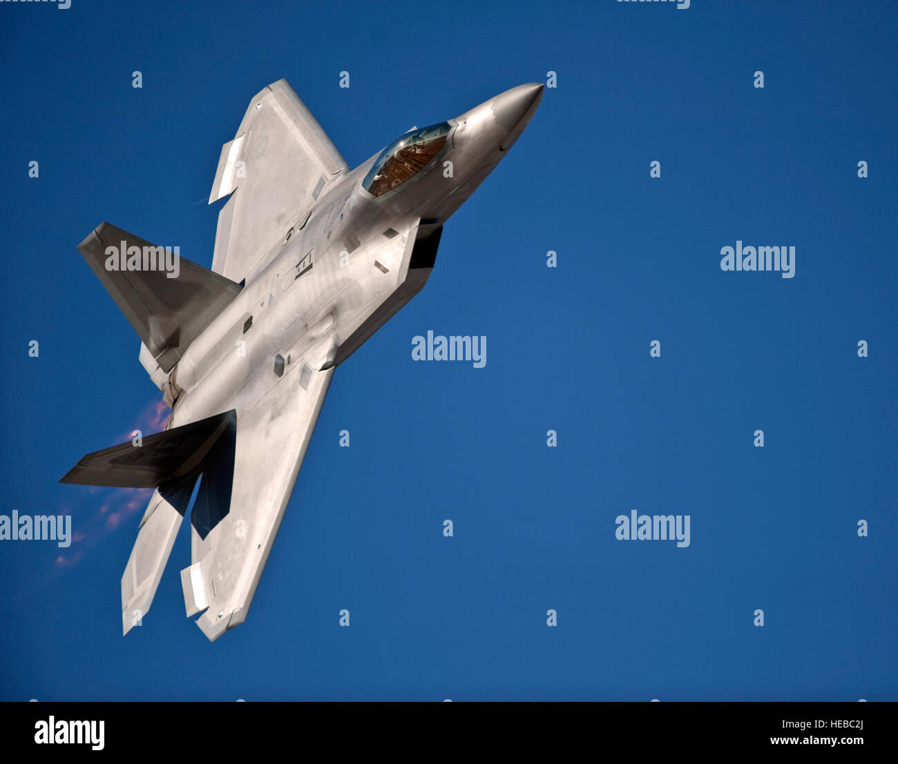 Die Wendigkeit einer f-22 Raptor wird während der 2010 Aviation Nation Nellis offenen Tür 12. November gezeigt. Tag der offenen Tür ist eine Gelegenheit für die Las Vegas-Gemeinschaft aerial Demonstrationen und statischen Displays von verschiedenen Flugzeugen aus dem Militär anzeigen. (Foto: U.S. Air Force Tech Sgt. Michael R. Holzworth) Stockfoto