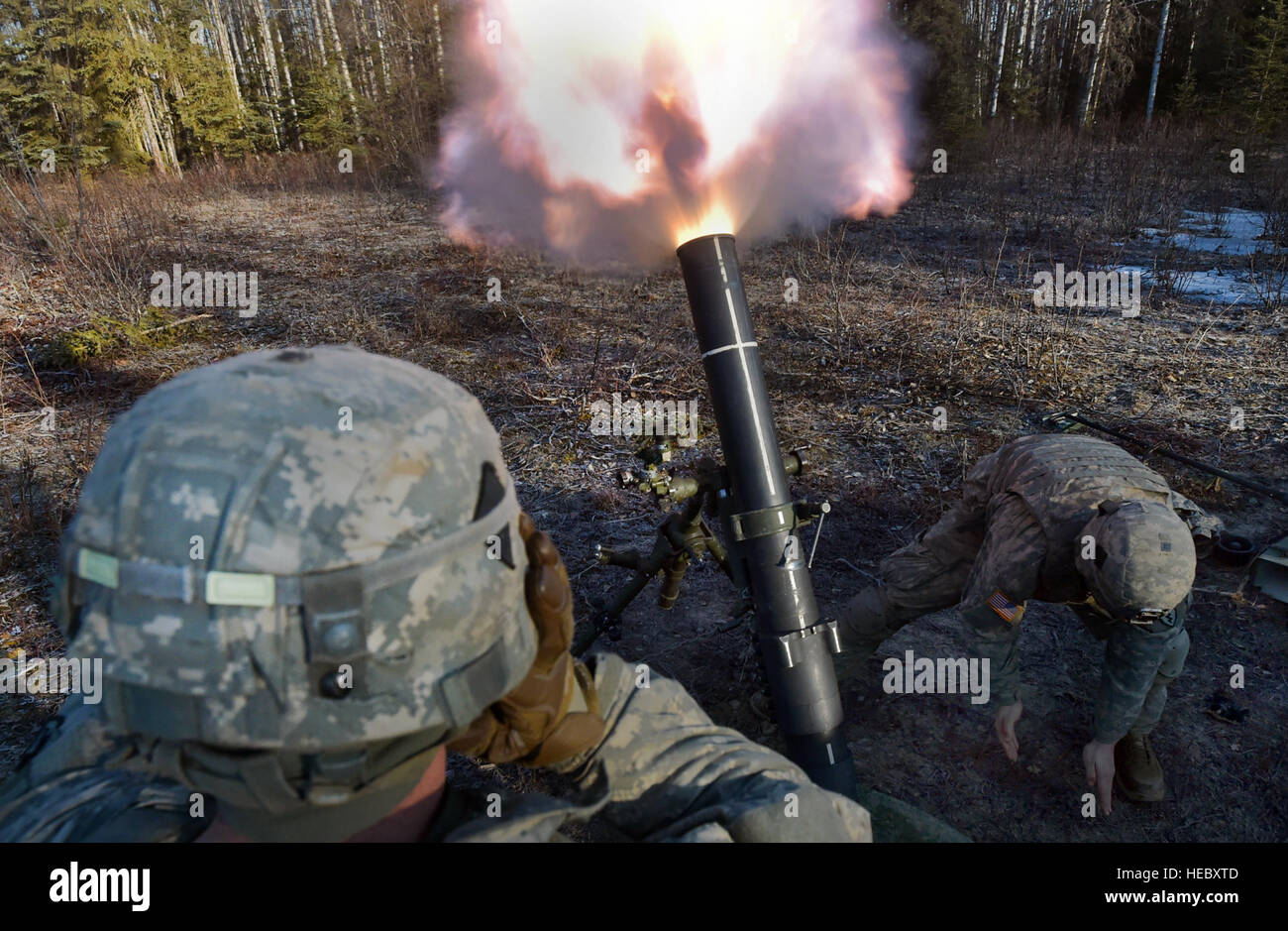 Fallschirmjäger zugewiesen zum 1. Battalion (Airborne), 501. Infanterie-Regiment, 4th Infantry Brigade Combat Team (Airborne), 25. Infanterie-Division, U.S. Army Alaska, Feuer 120 mm Mörser auf gemeinsamer Basis Elmendorf-Richardson, Alaska, Freitag, 3. April 2015. Indirektes Feuer Infanteristen genaue Granatwerferfeuer auf simulierten feindliche Ziele unter Stressbedingungen Tests Reaktionszeiten und ihre Meisterschaft mit der Mannschaft diente Waffen gerichtet. (U.S. Air Force Photo/Justin Connaher) Stockfoto