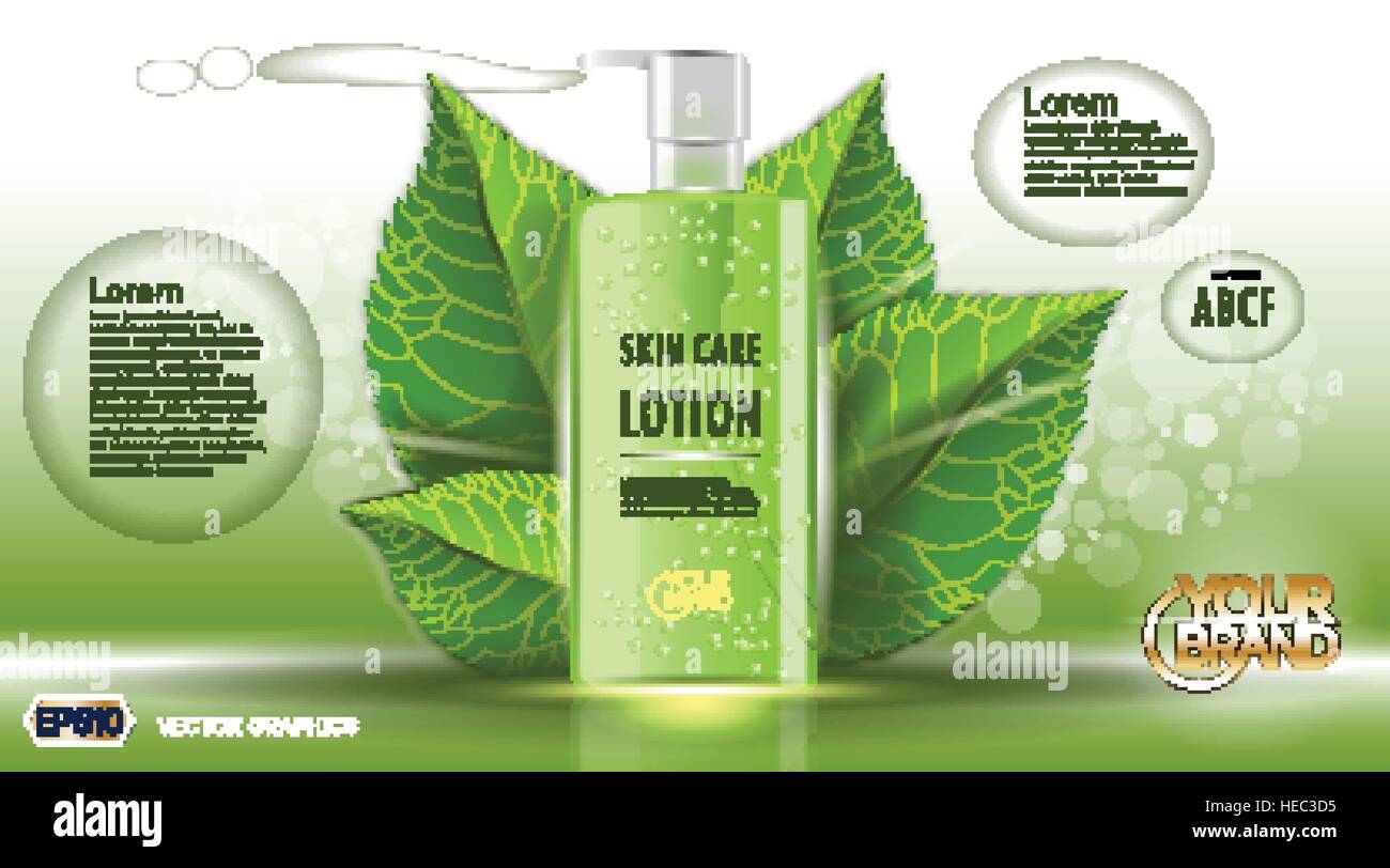 Digitale Vektor Grünglas Hautpflegelotion für Frauen Container Mockup und Blättern, mit Ihrer Marke, bereit für print-anzeigen oder Magazin-Design. Transparen Stock Vektor