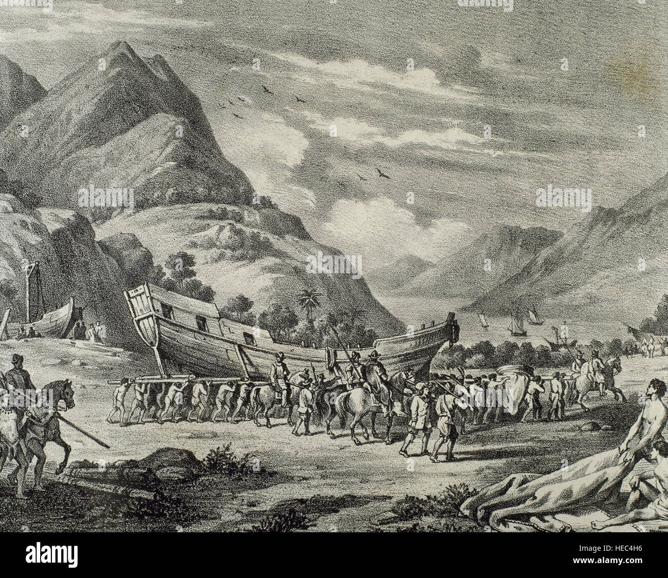 Eroberung von Mexiko, 1519. Spanier bewegen ihrer Flotte durch die Berge. Gravur in "Historia de Espana". des 19. Jahrhunderts. Stockfoto