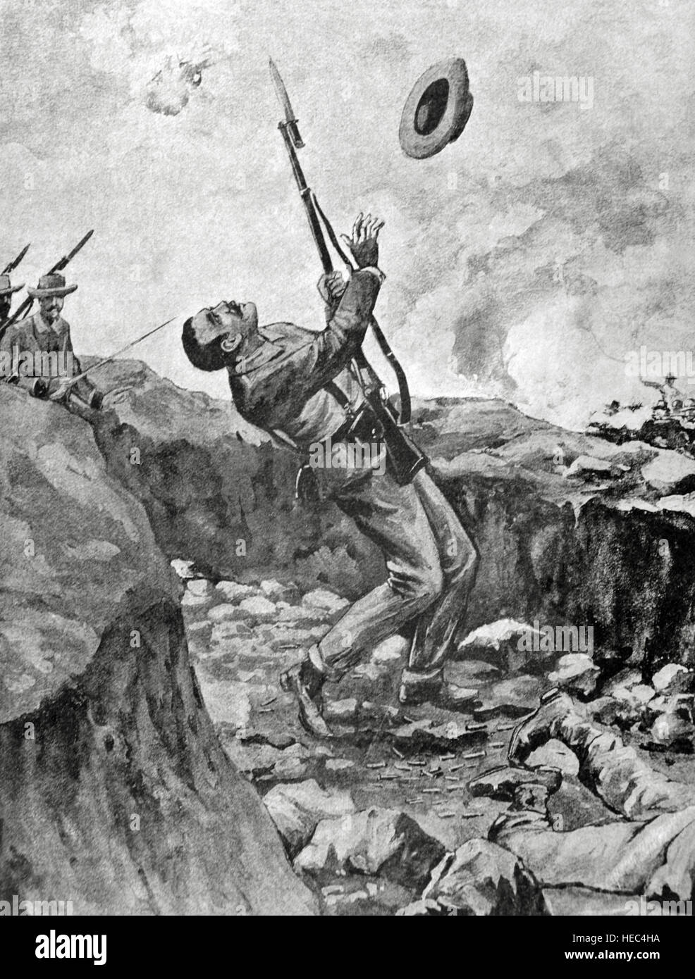 Spanisch-Amerikanischen Krieges zwischen Spanien und den USA im Jahr 1898 durch die US-Intervention in den kubanischen Unabhängigkeitskrieg. Schlacht von Santiago de Cuba. Gravur. "La Ilustración Iberíca', 1898. Stockfoto